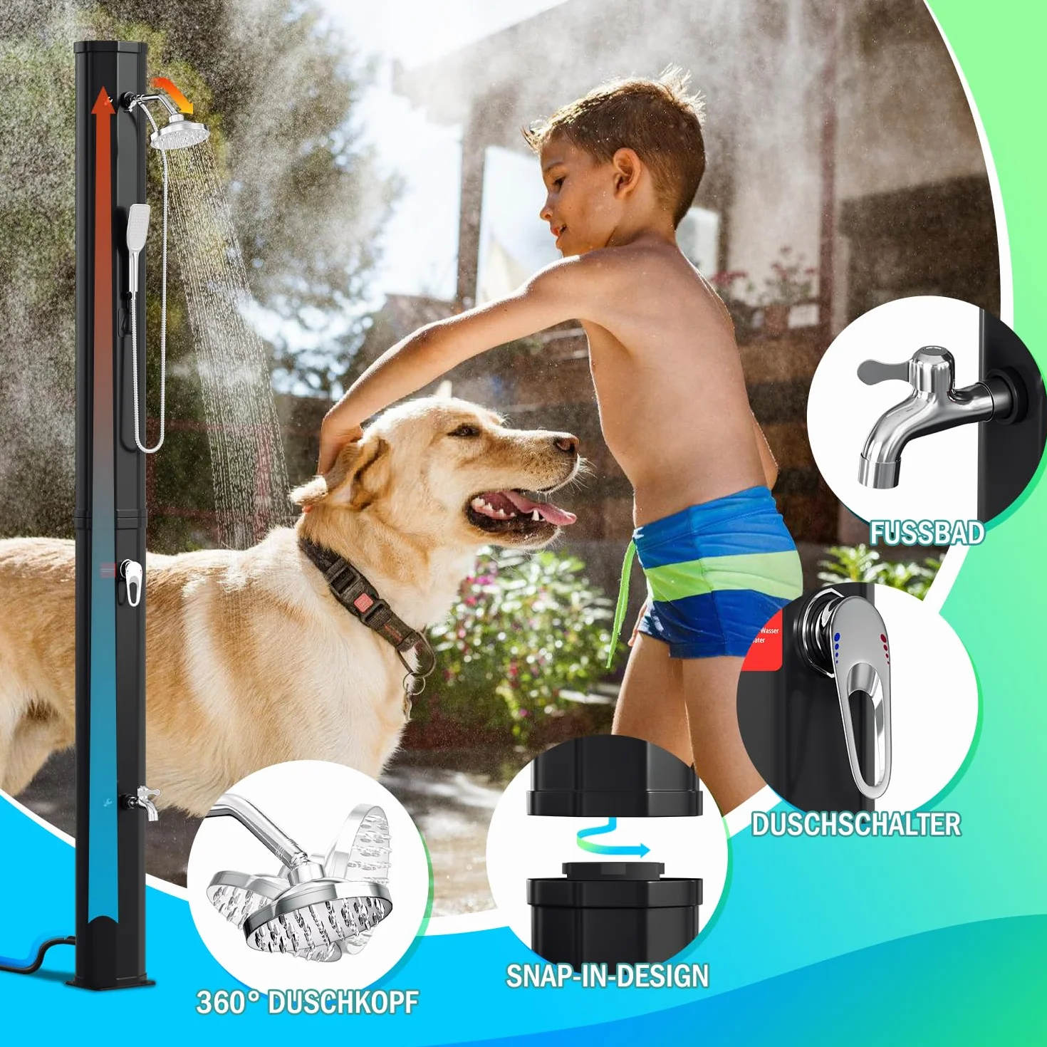 Herrselsam Douche Solaire de Jardin 40 l avec Capot de Protection Eau Chaude 60 °C sans Raccordement Électrique
