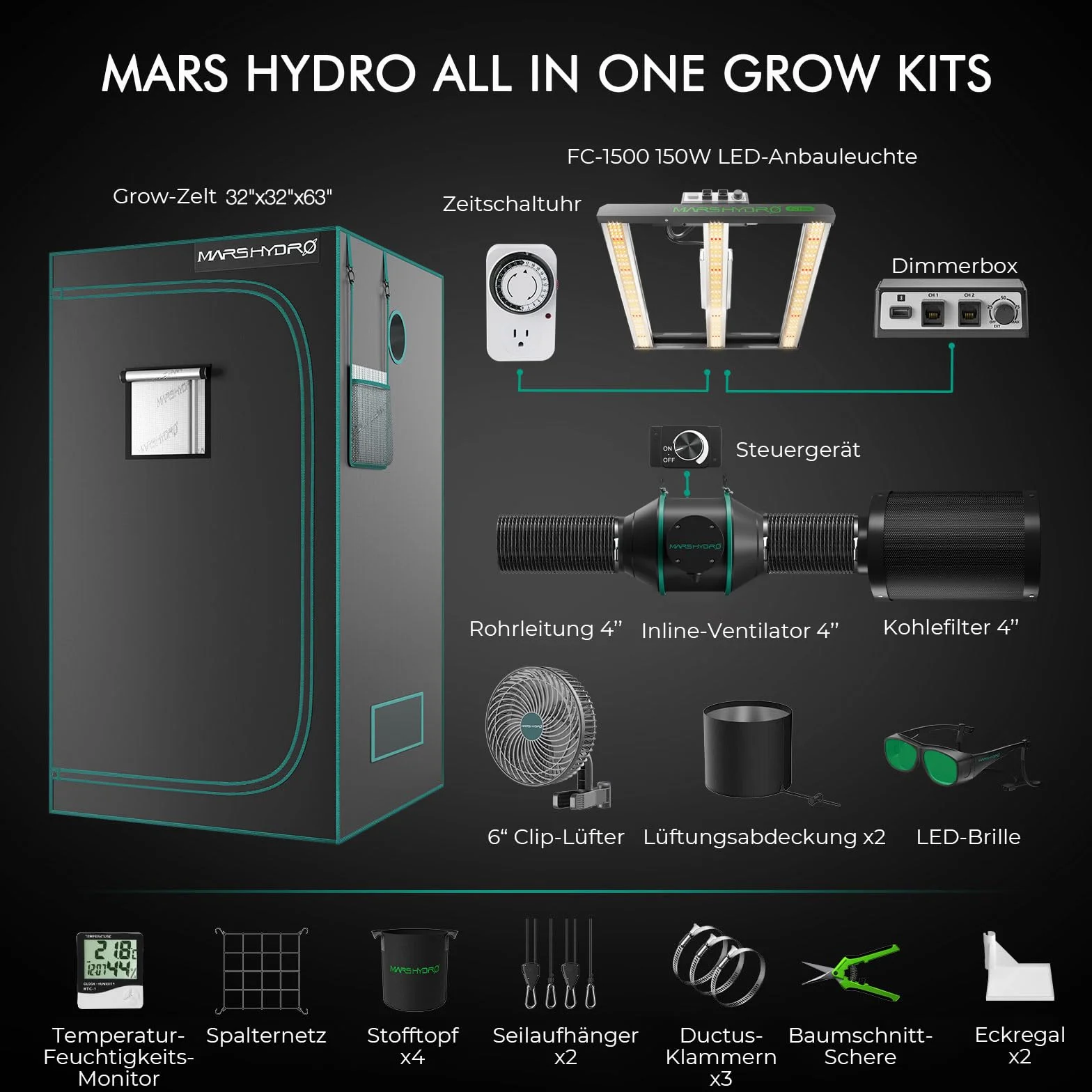 Mars Hydro FC1500 Smart Grow Box Kit complet 80x80x160 cm Lampe LED dimmable Samsung App Télécommande
