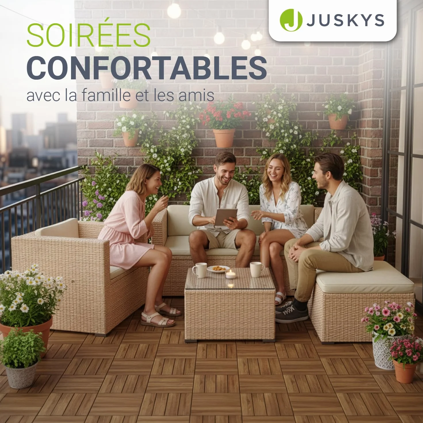 Juskys Salon de Jardin en polyrotin Lounge Punta Cana L résistant aux intempéries 4-5 Personnes Crème/Sable