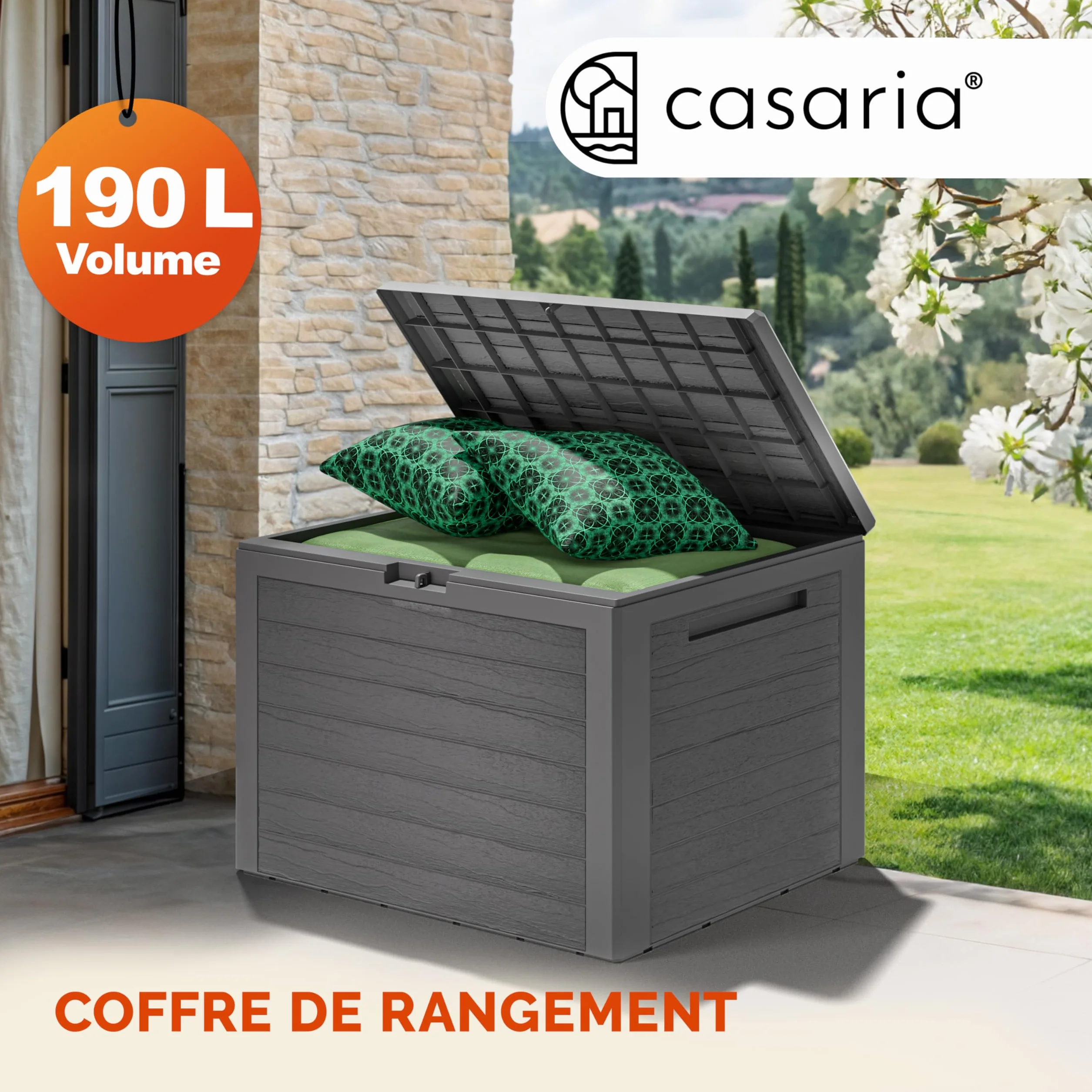 Casaria Coffre de Jardin Exterieur 190 L Gris - Caisse de rangement étanche Effet Bois