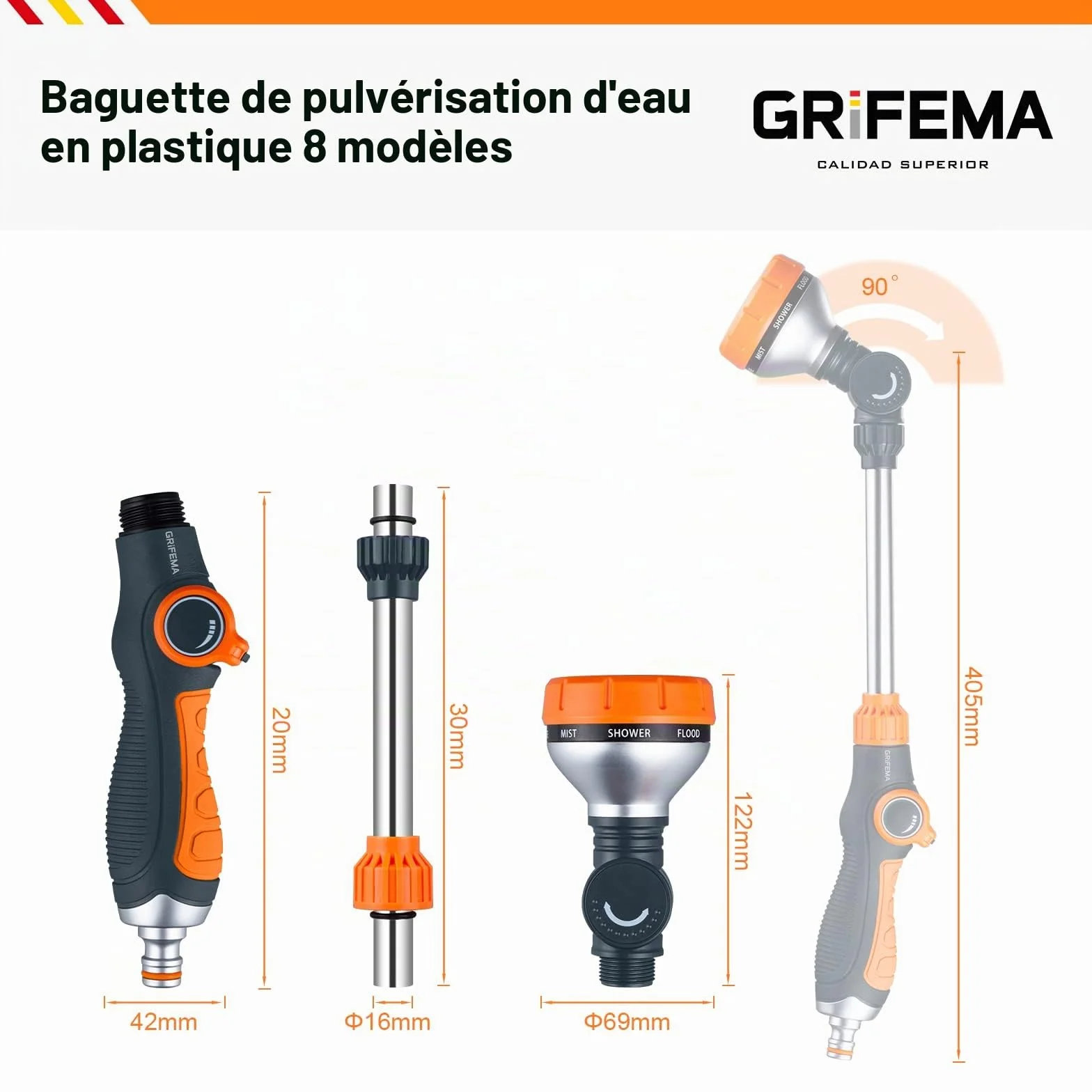 GRIFEMA GE1305 Pistolet arrosage 8 modèles réglables débit d'eau contrôlable
