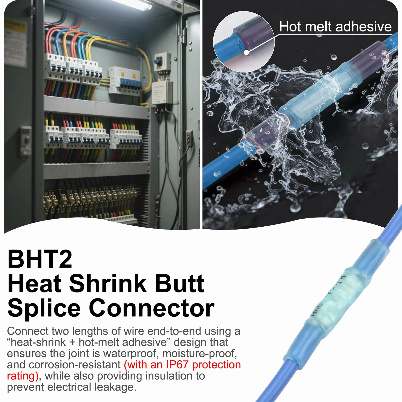 Heschen Lot de 100 connecteurs à sertir isolés thermorétractables BHT2 de 1,5 à 2,5 mm² (16-14 AWG) pour câble électrique Bleu
