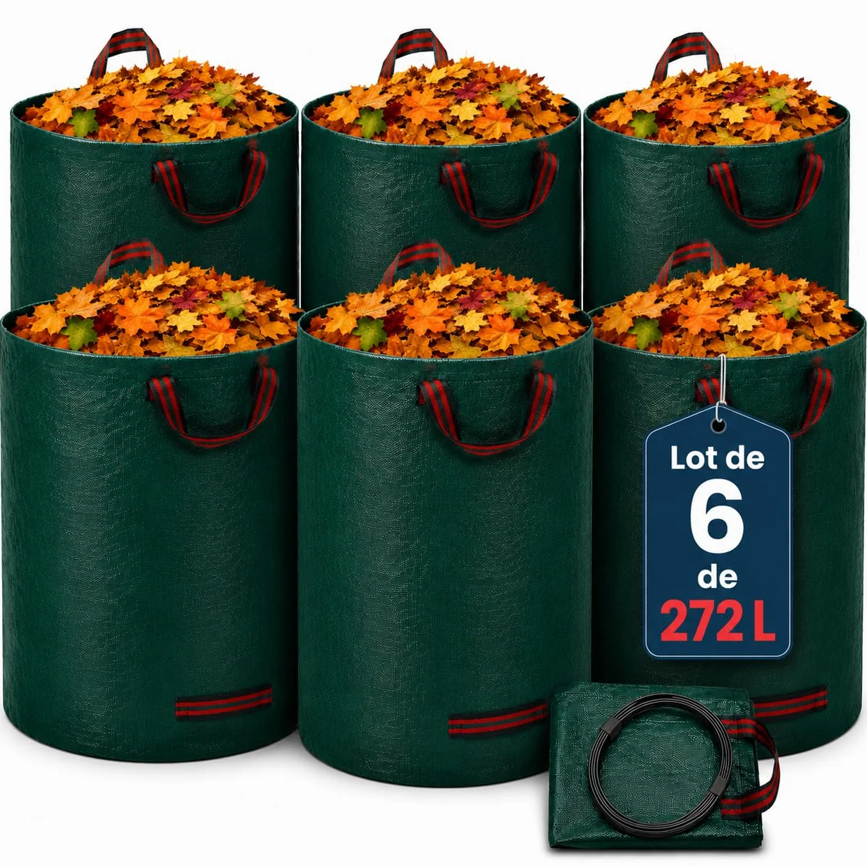 Sacs à Déchets de Jardin Robustes 272L Lot de 6 Réutilisables avec Poignées Pliables Tissu Industriel