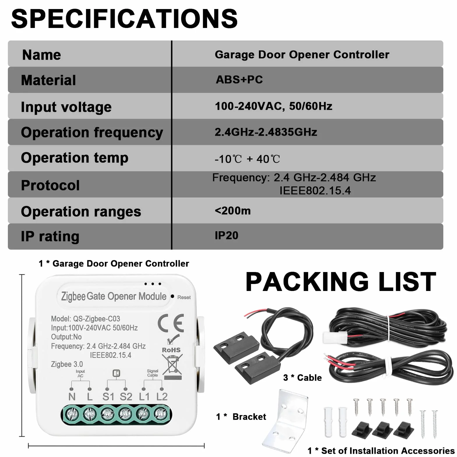 Jemora Ouvre-porte Tuya ZigBee, ouvre-porte de garage intelligent, contrôleur de téléphone portable, contrôle à distance par application, compatible avec Home pour la commande vocale