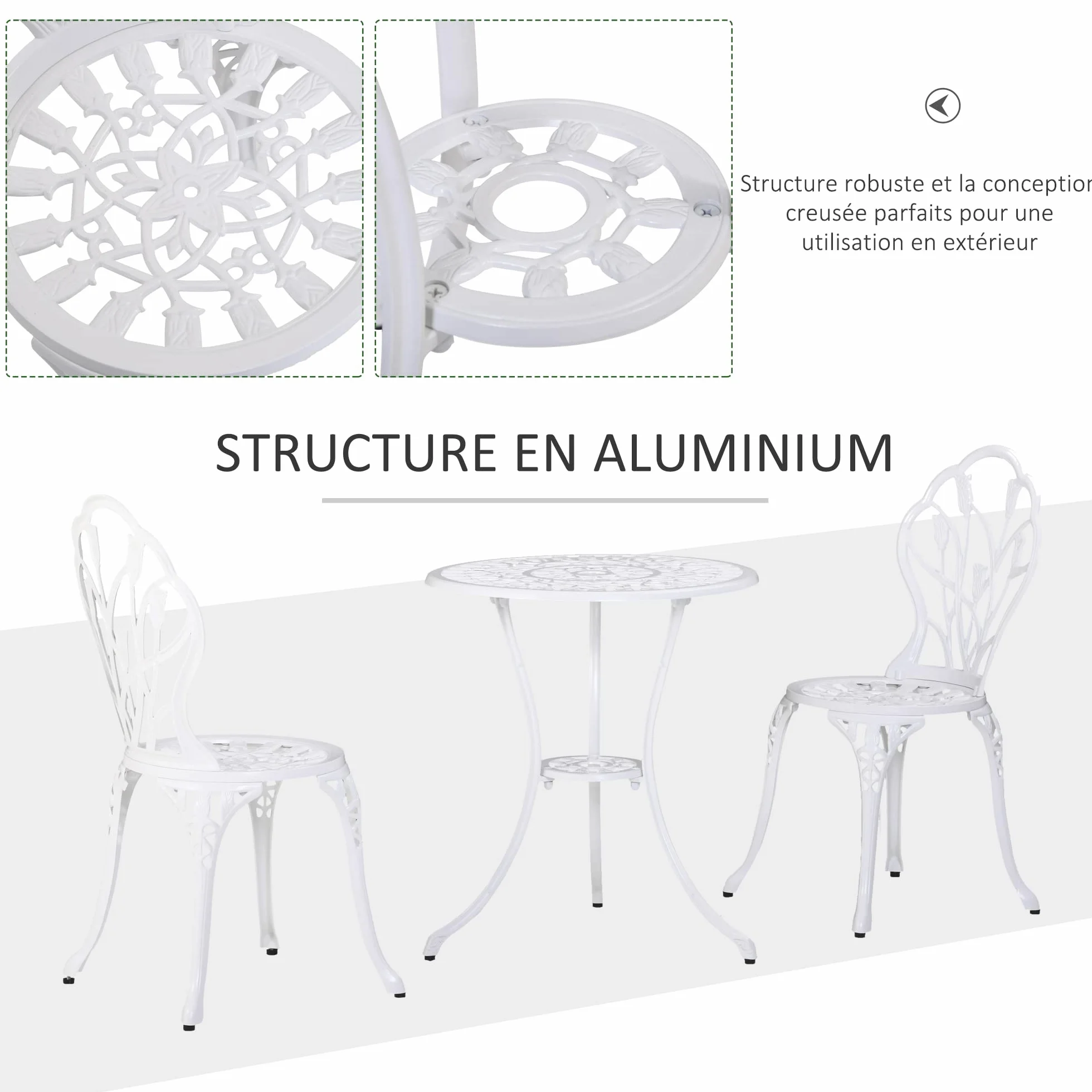 Outsunny Salon de Jardin 2 Places Table Ronde Fonte Aluminium Imitation Fer Forgé Blanc