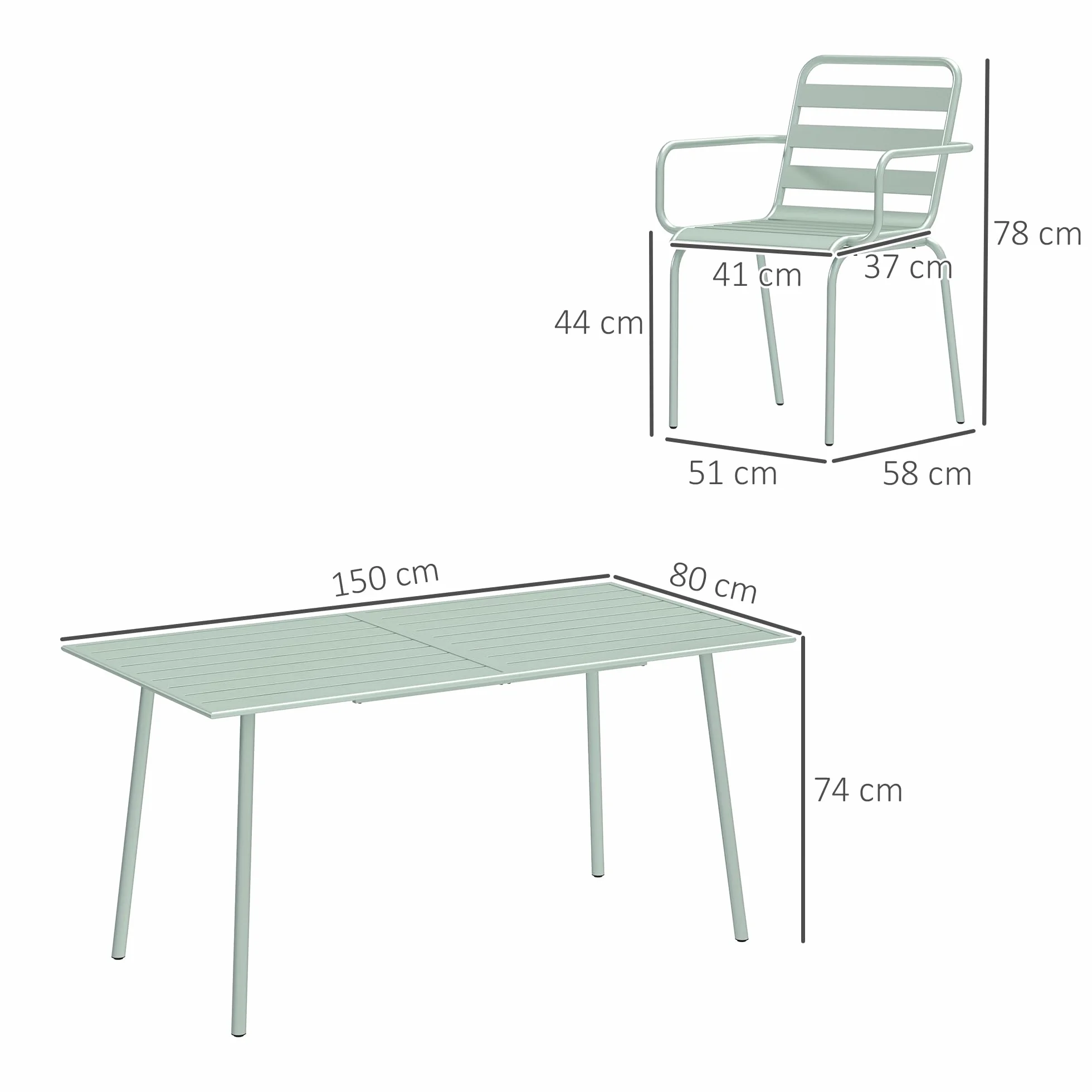 Outsunny Salon de Jardin 7 pièces Table et Chaises empilables Acier Vert Clair