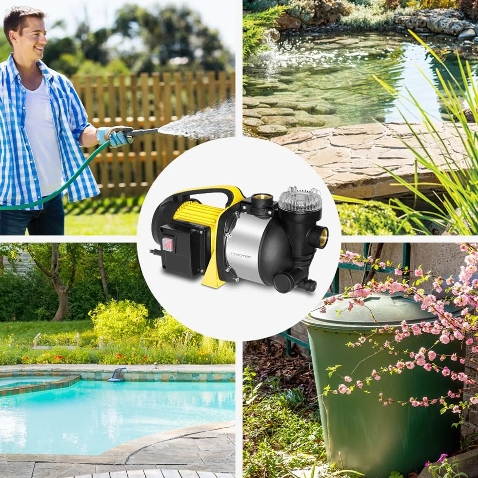 TROTEC Pompe de jardin TGP 1005 ESF - débit 3500 l/h, 1000 W - pression de refoulement 4,2 bar, hauteur de refoulement 42 m, hauteur d'aspiration 7 m, pompe à eau pour fûts et récupérateurs