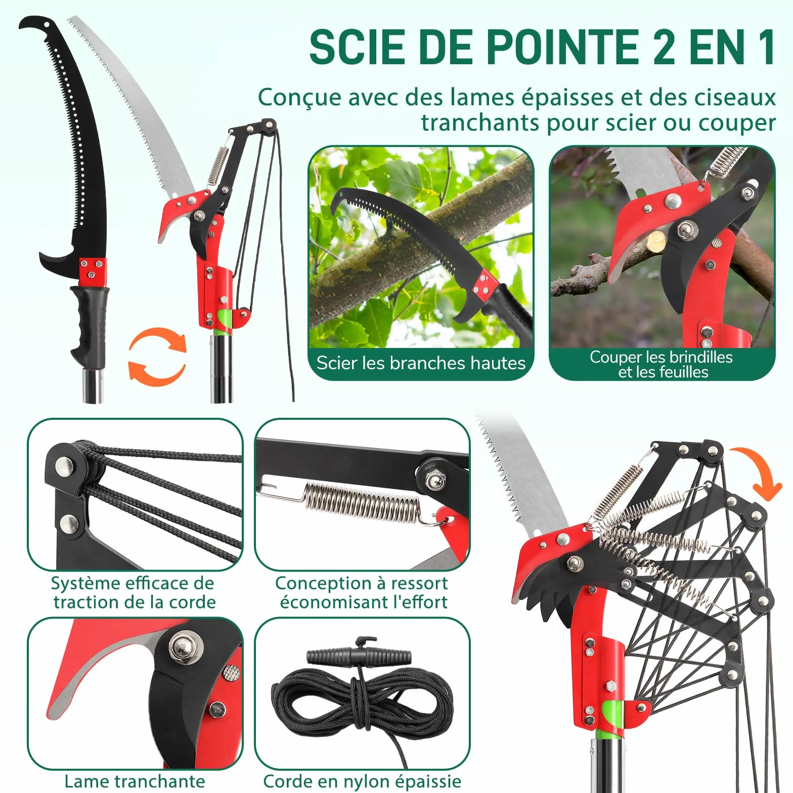 LEADZM Scie à Élaguer Télescopique 2-8 m, avec 8 Poteaux Fibre de Verre - Coupe branche telescopique pour Élagage Palmiers Arbustes, vert