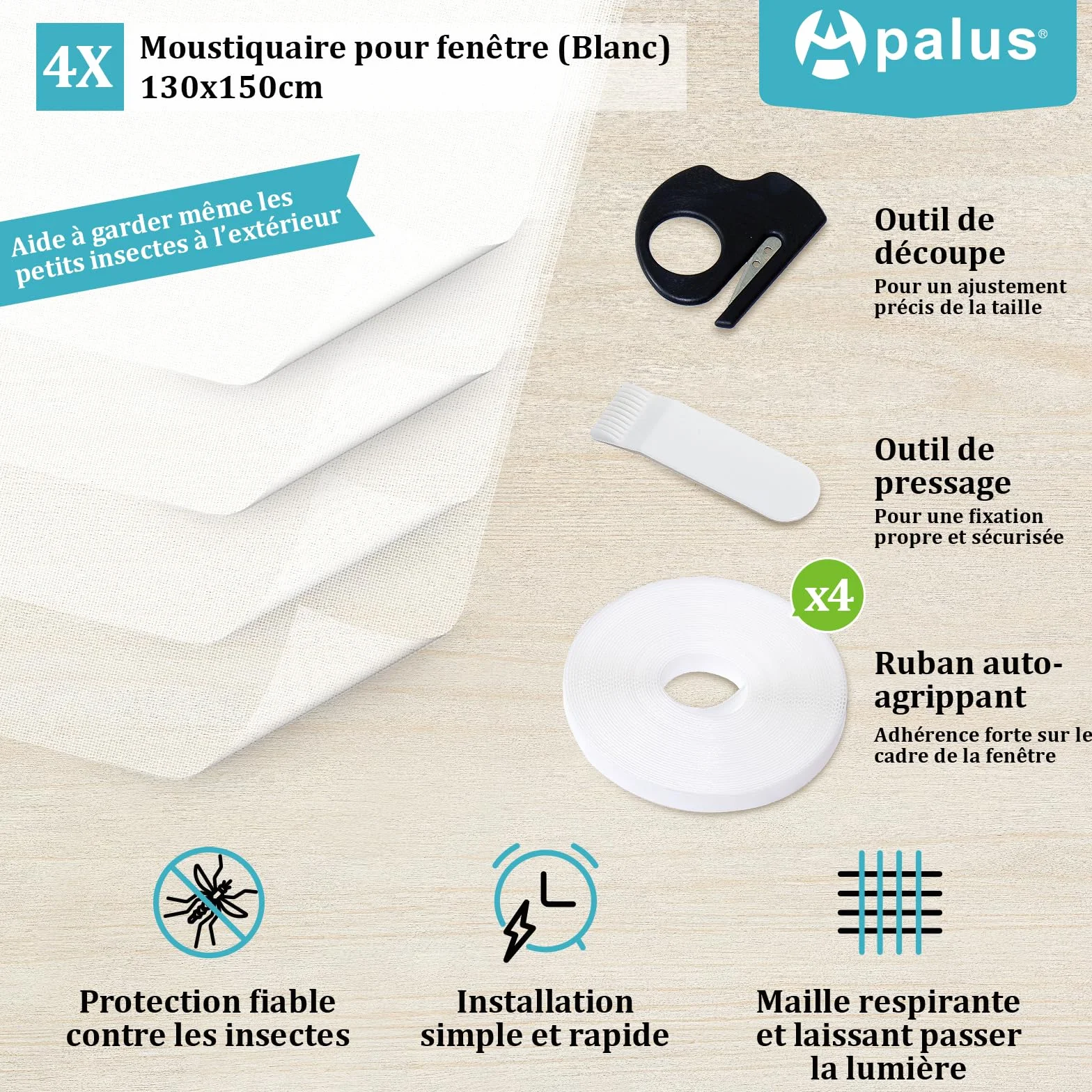 Apalus Moustiquaire Transparente Universelle pour Fenêtre/Maille Lavable | Moustiquaire Ajustable, Bricolage, Taille Maximale de la Fenêtre 130x150cm (Lot de 4, Blanc)