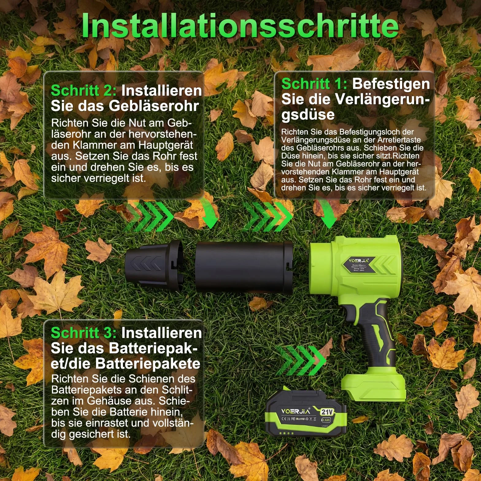 Souffleur à feuilles sans fil 21 V 4000 mAh avec 2 batteries et chargeur