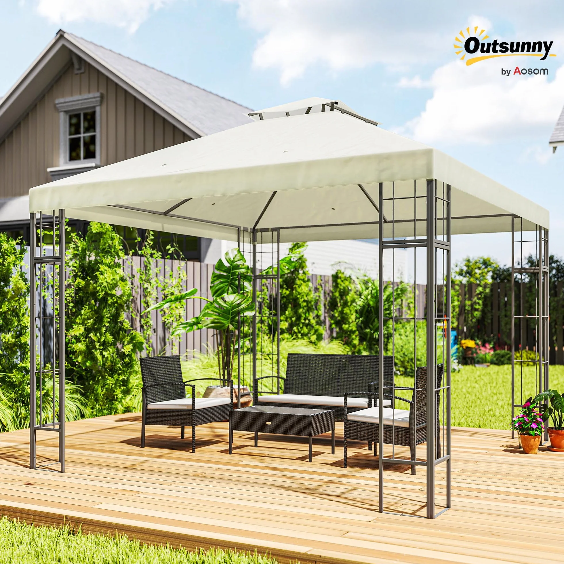 Outsunny Pavillon double toit 3x3 m Hydrofuge stable résistant hiver Jardin protection UV Tente métal blanc crème