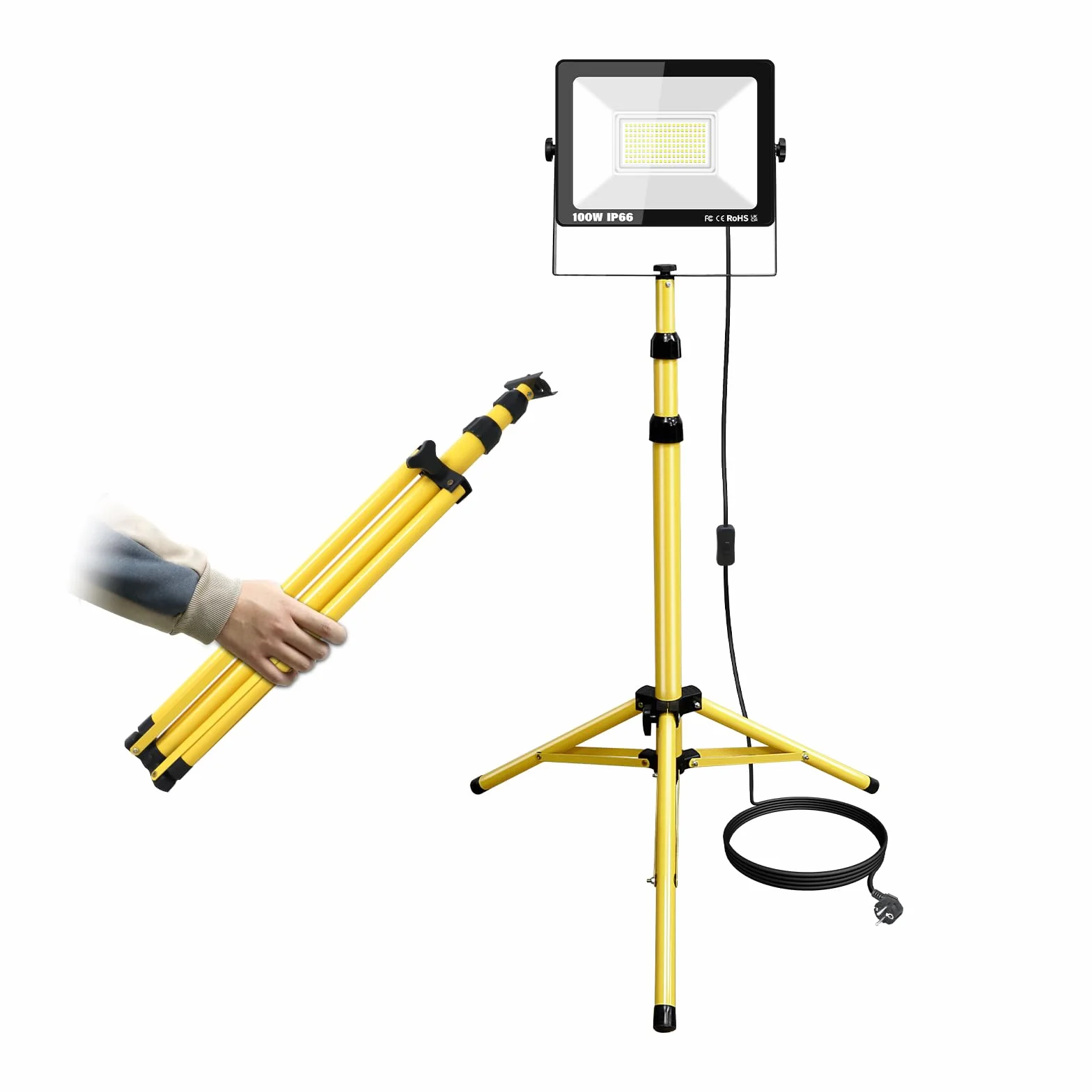 RIGIDON 100W projecteur led chantier trépied pied, 10000LM 175V-265V | 5 mètres câble, 6000K, 102cm to 193cm, IP66, phare de travail, pour garage, jardin, industriel, atelier, exterieur interieur