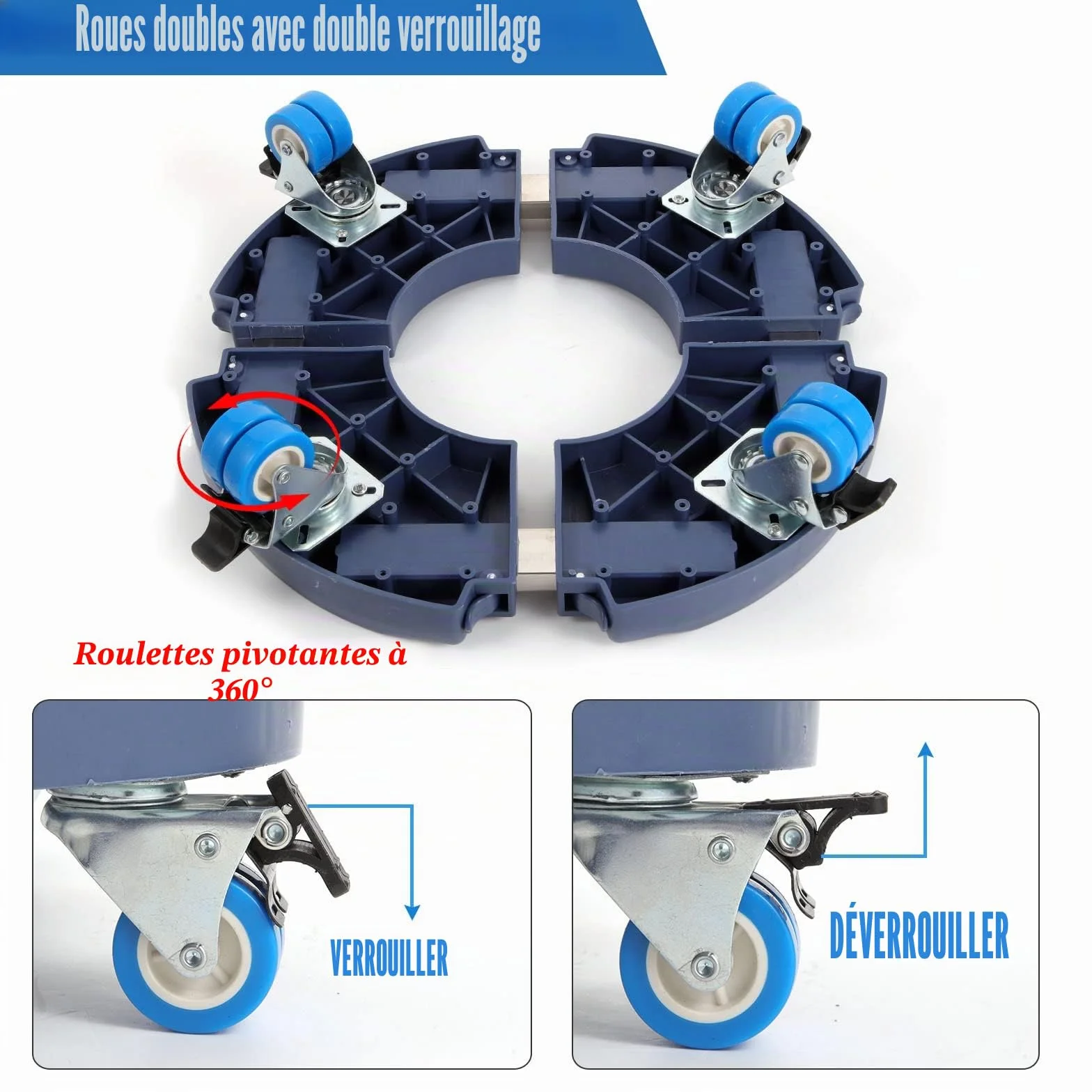 WEIBIDA Porte Plante à Roulettes Rotation 360° Capacité 200 KG Plateau Réglable Ø 40-54cm Bleu