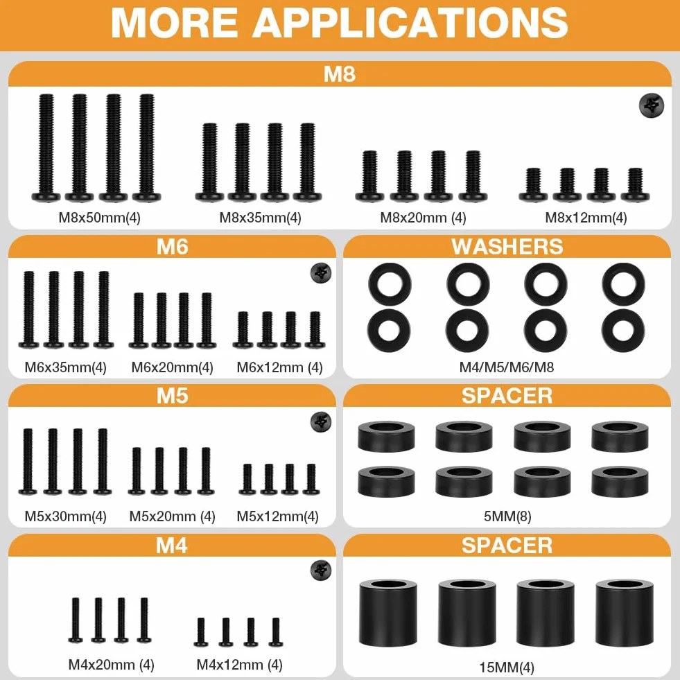 Flintronic Vis de Support TV, Kit de Vis de Montage TV Universel, 68 Pièces, M4/M5/M6/M8/Rondelles/Entretoises, Kit de Matériel de Montage pour Téléviseurs et Moniteur, Convient Jusqu'à 80 Pouces
