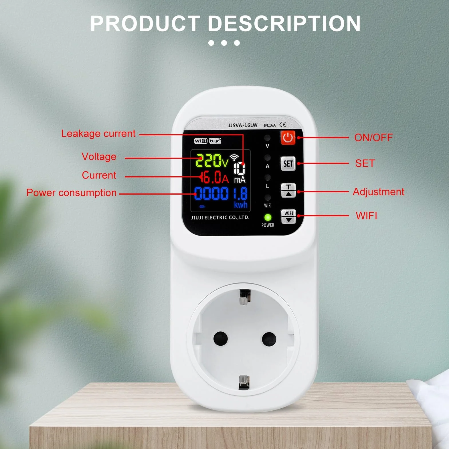 Jadeshay Wattmètre Prise Compteur d'Énergie WiFi Prise Consommation Electrique avec Écran LCD, Dispositif de Protection Contre Les surtensions 16A 230VAC, Contrôle Tuya APP