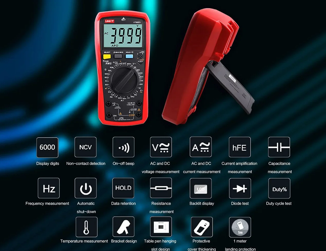 Multimètre, UT890C Multimètre Numérique True RMS 6000 Compte Ampèremètre Voltmètre Tension AC/DC Résistance Courant Capacité Fréquence Testeur mètre de température de Mesure avec Sonde LCD