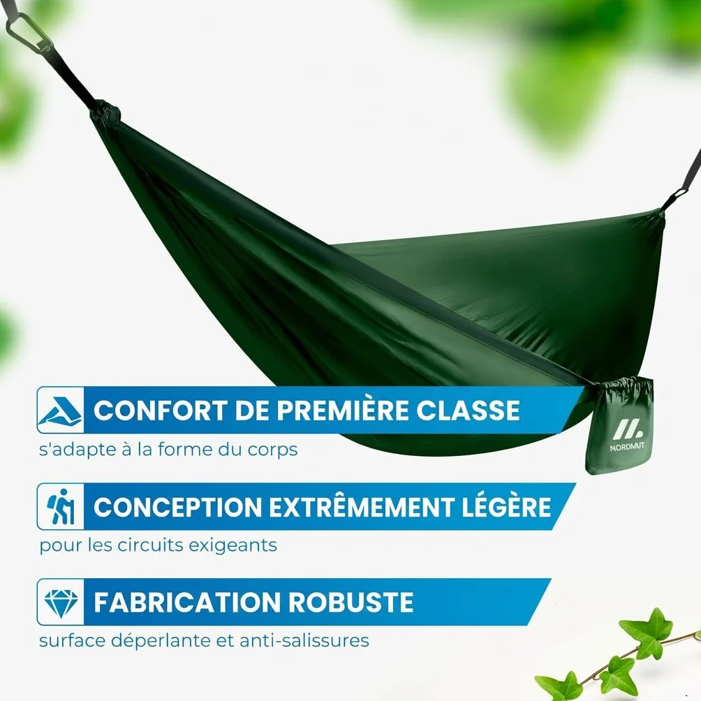 NORDMUT Hamac Ultra Léger Outdoor avec Kit de Fixation – Hamac de Camping avec Protection des Arbres 300 kg Vert 140 x 275 cm