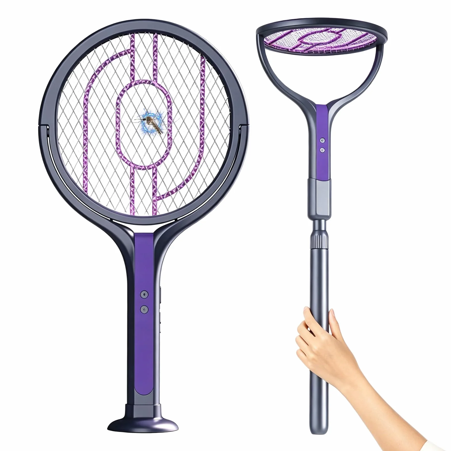 Raquette Électrique Anti Moustique Rechargeable 3000V avec Tête Rotative et Extension Télescopique