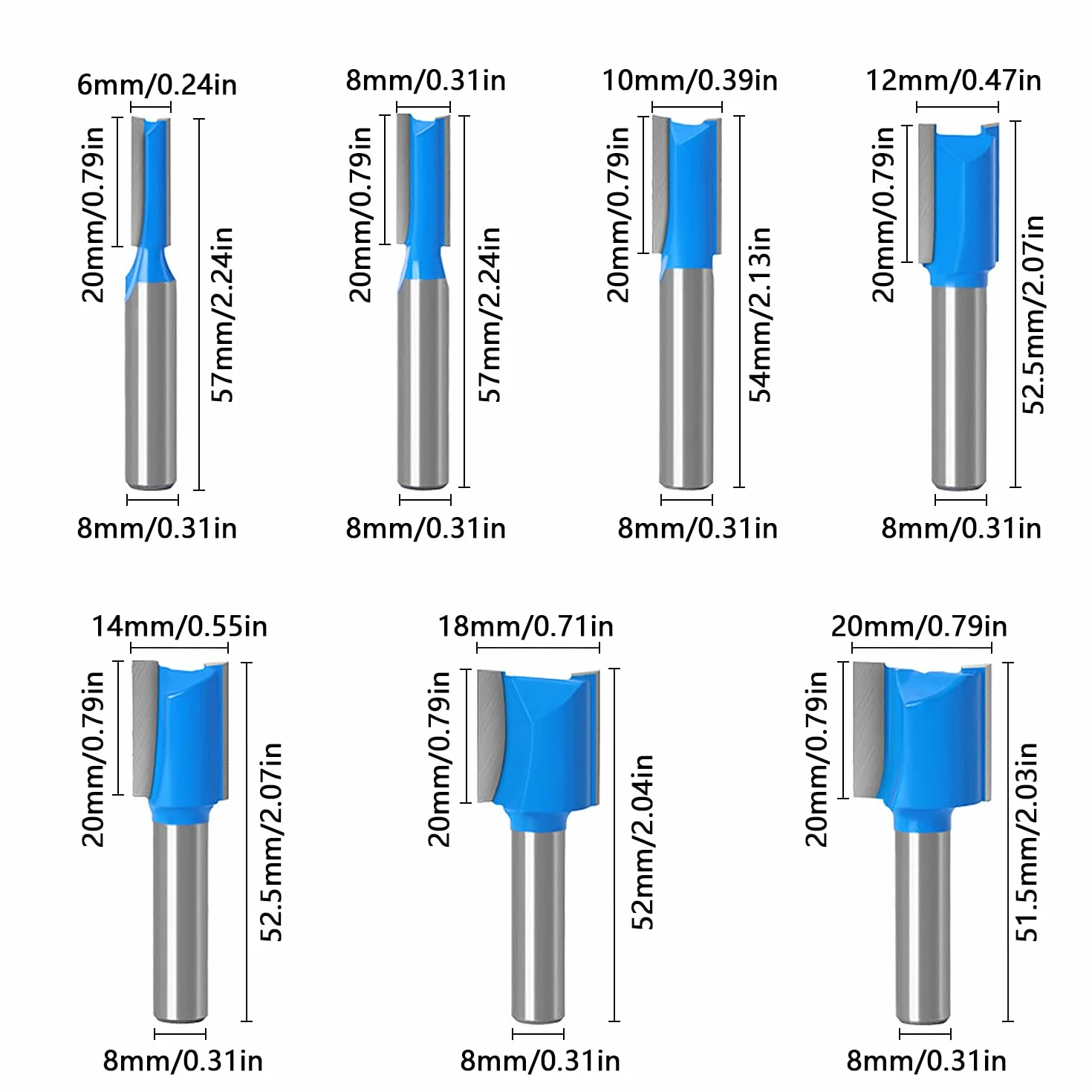 7 Pièces Fraise Droite Defonceuse Set, Fraise a Rainurer à Tige de 8 mm(Diamètre de Coupe 6 8 10 12 14 18 20mm), Fraise Droite a Bois À Double Tranchant, pour le Travail du Bois (7 Pièces)