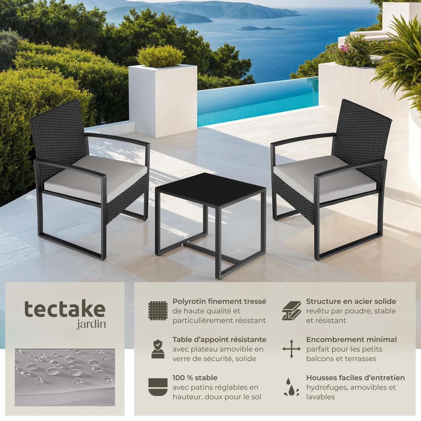 Tectake Ensemble Salon de Jardin Exterieur 2 Chaise Table Jardin Poly Rotin Acier Noir