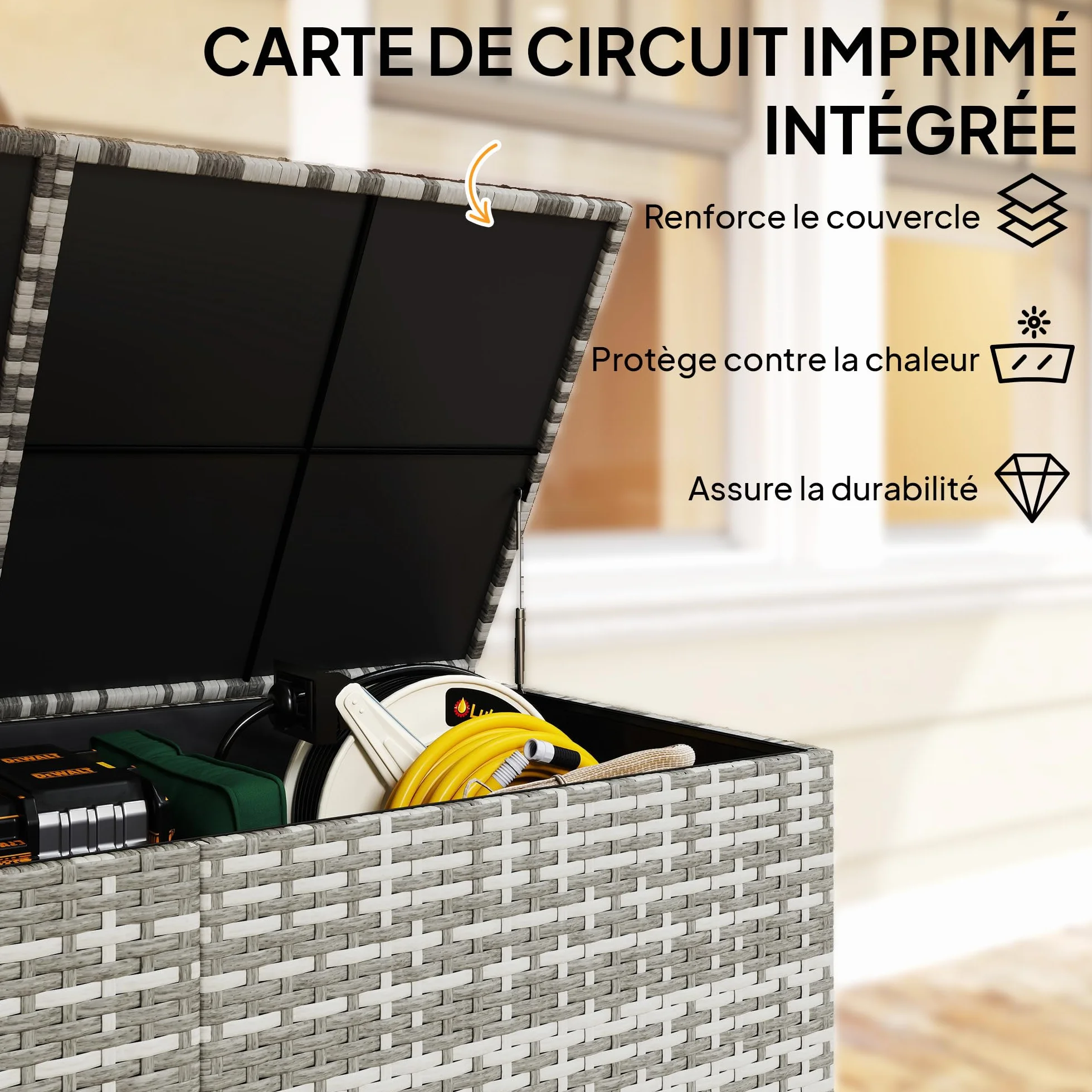 Outsunny Coffre de jardin résine tressée 650 L imperméable extérieur rangement avec doublure zippée tige pneumatique sécurisée 2 roues 150x75x74 cm gris