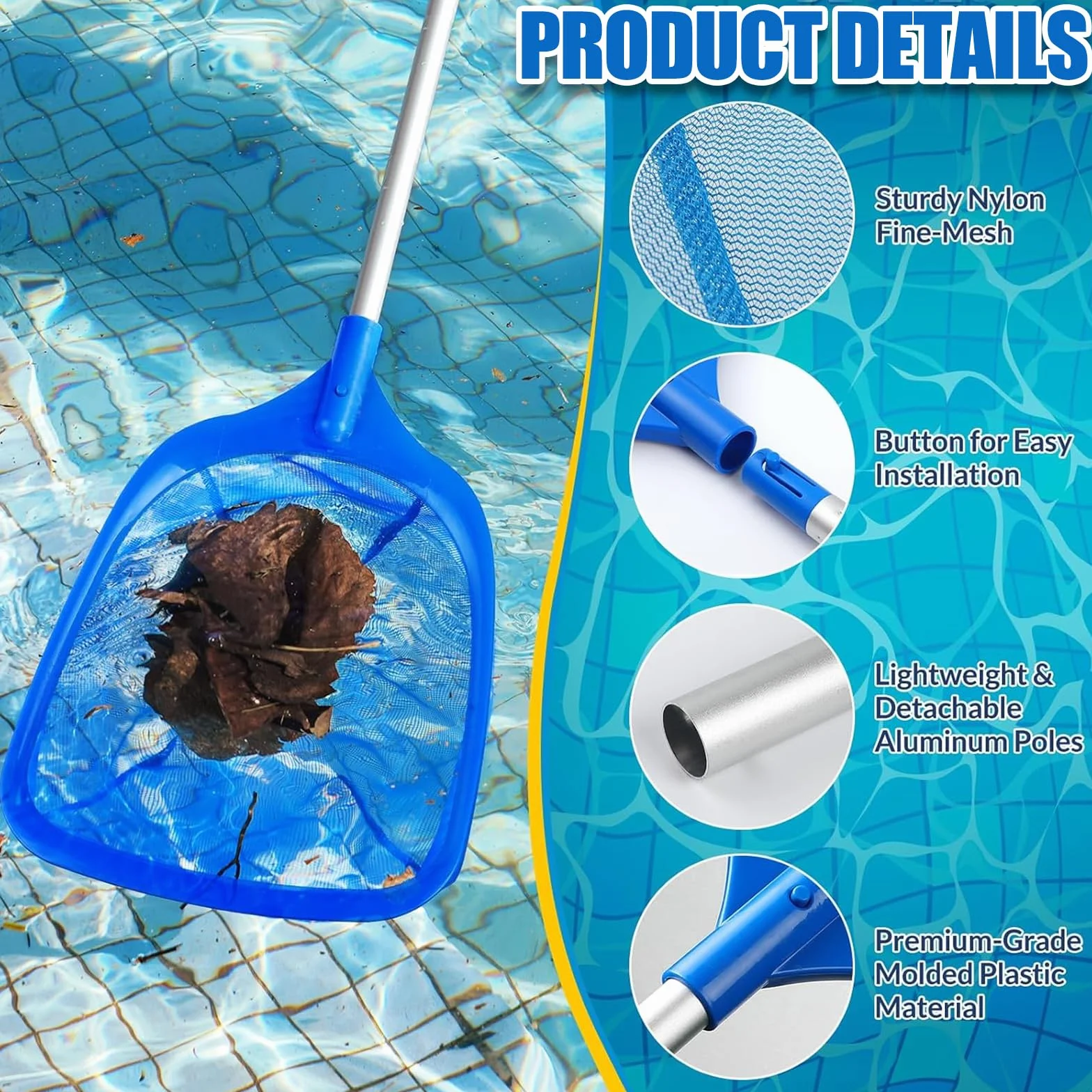 Épuisette de Piscine 62 cm Filet 15 cm Aluminium pour Nettoyage Feuilles Débris Bleu