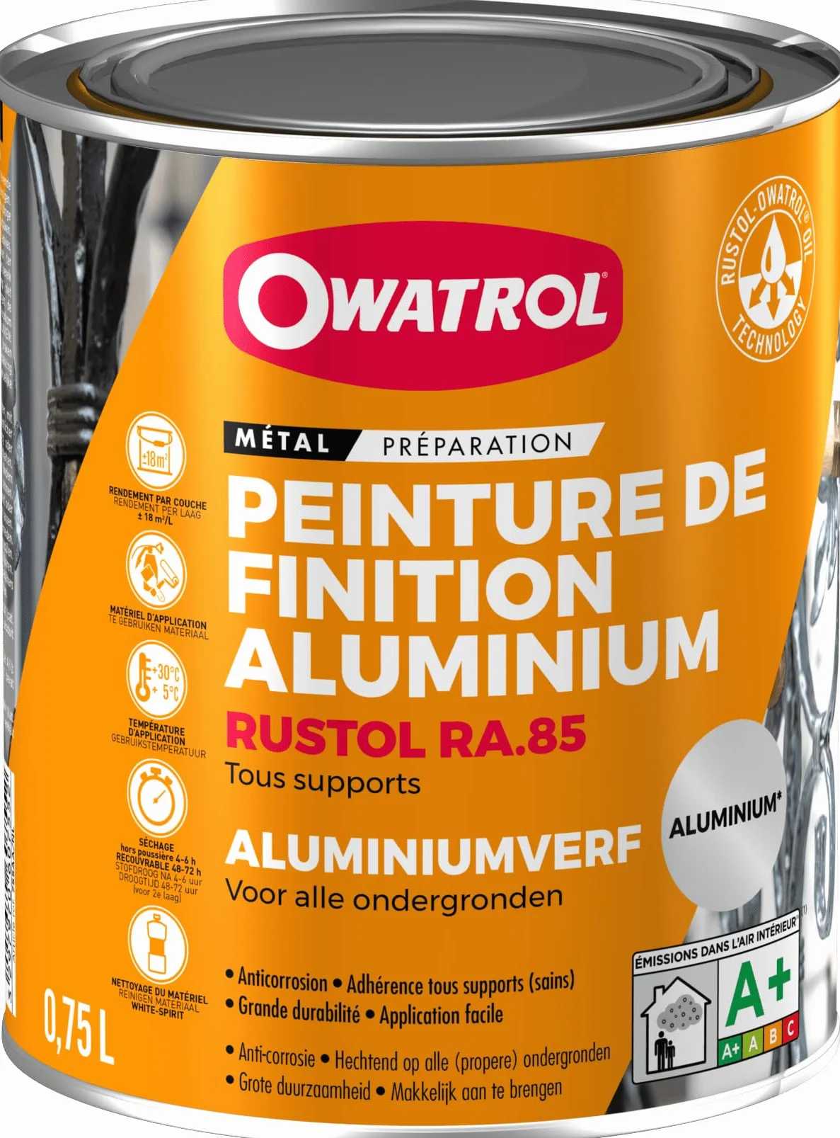 OWATROL Rustol Alu RA.85 - Peinture de Finition Aluminium Tous Supports 0,75 L