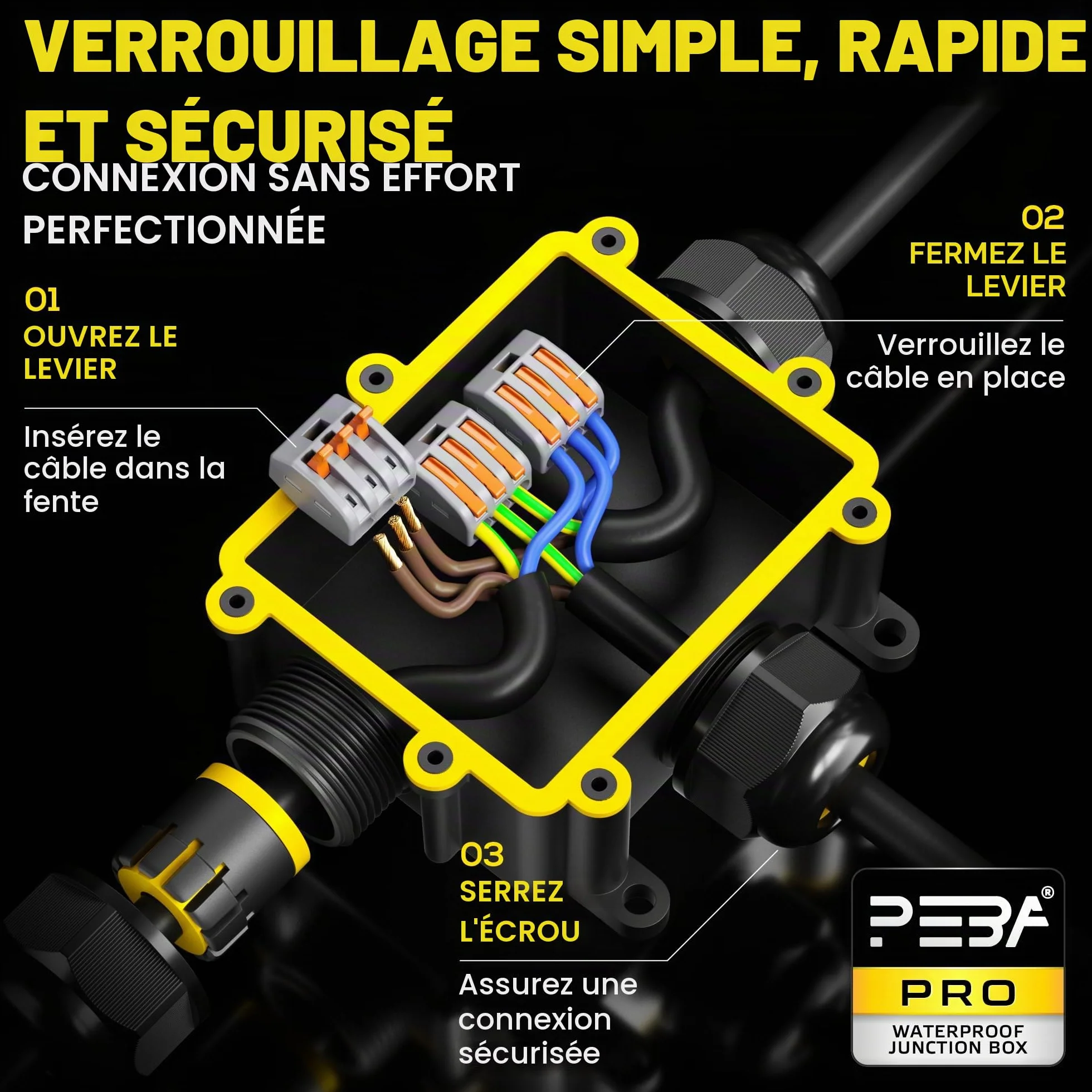 PEBA® Boîte dérivation étanche extérieur IP68,Connecteur Électrique Étanches,Connecteur étanche extérieur à 3 Voies pour câble de Ø4-14 mm de diamètre,Boite Derivation,Boîte de Jonction,Noir