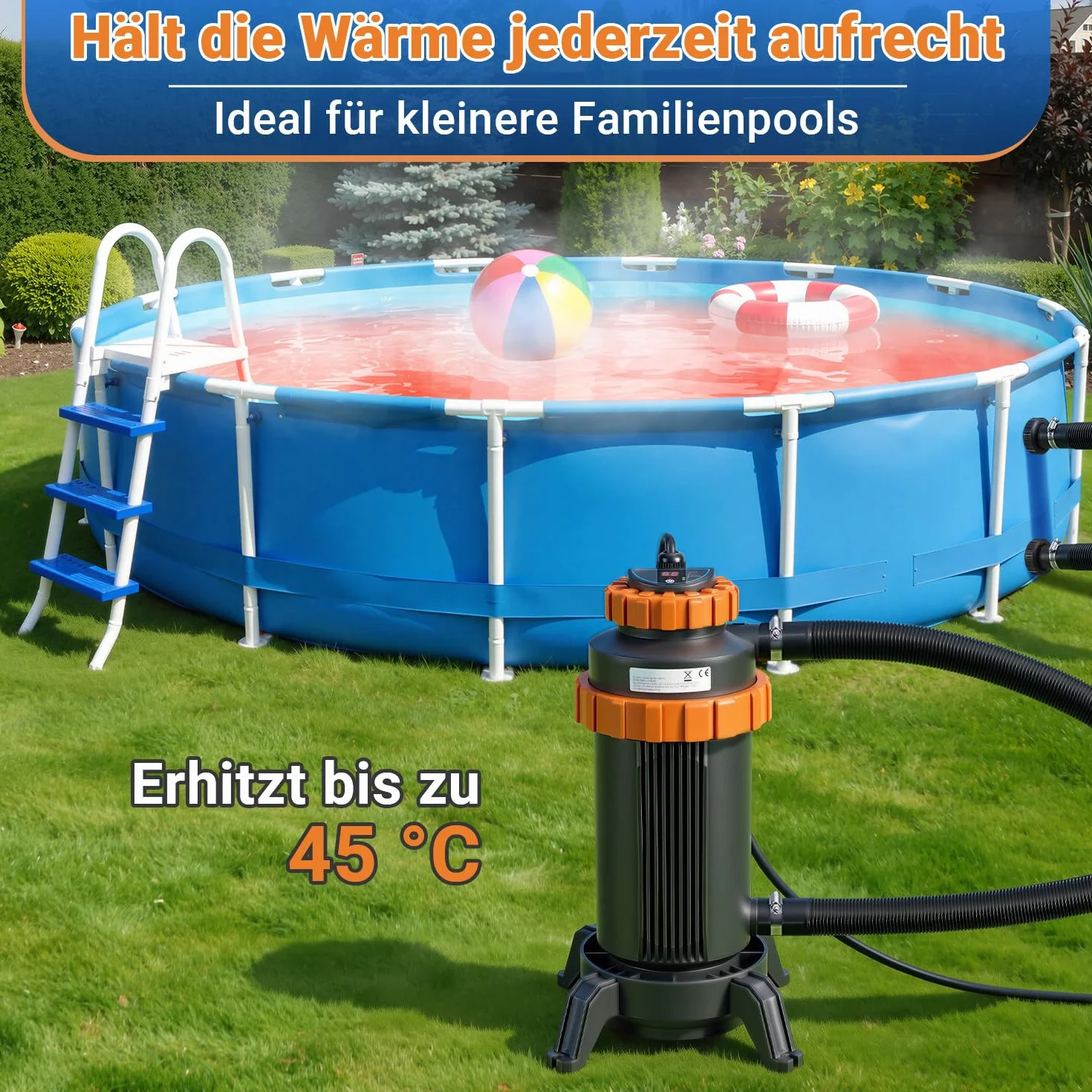 Chauffage électrique de piscine 3 kW, 17x42 cm, raccord 32-38 mm, protection fuites, 45 °C