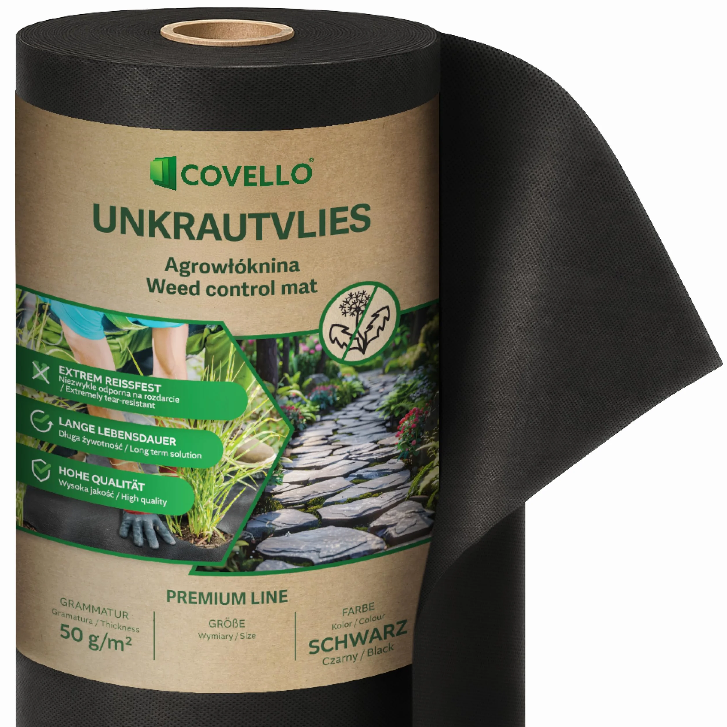Covello Toile de Paillage Premium Line 15m x 0,8m Anti Mauvaises Herbes Résiste UV 50g/m² Perméable à l'eau Noir