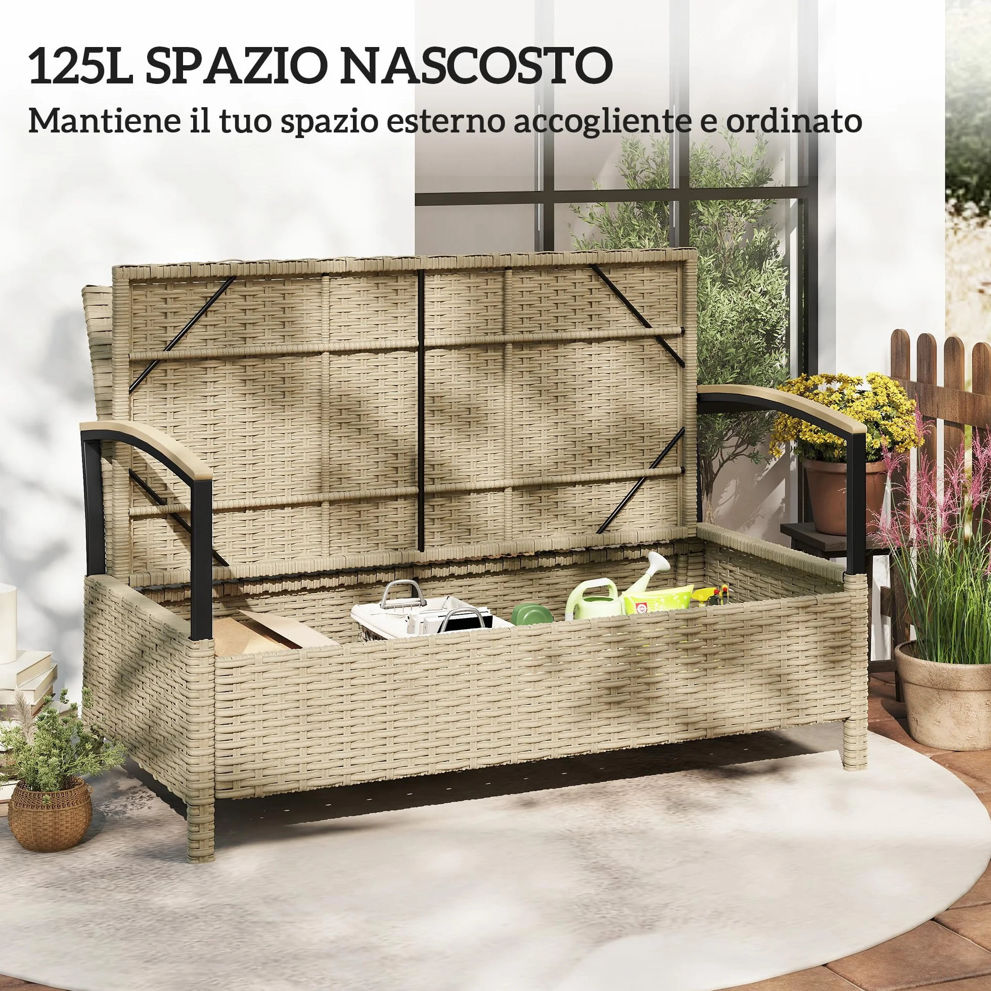 Outsunny Coffre d'extérieur Banc Jardin Rangement 125 L Canapé 2 Places Rotin PE Coussin Métal Terrasse Kaki