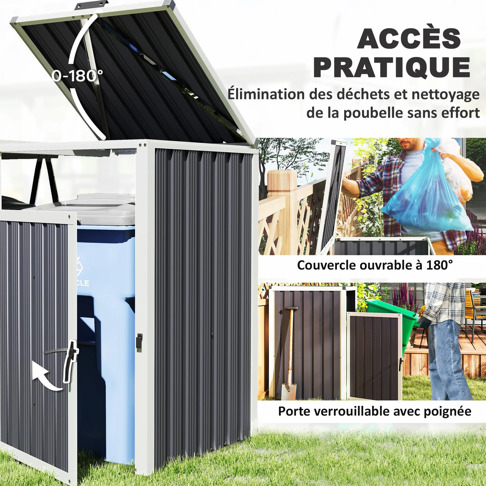 Outsunny Cache Poubelle extérieur 240L Acier galvanisé 146x81x122 cm Gris foncé
