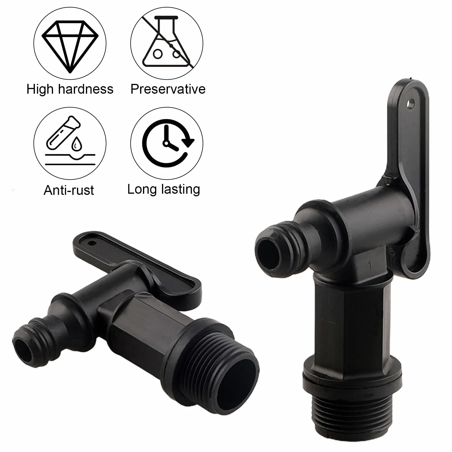 Lot de 2 robinets d'écoulement 3/4" pour citerne d'eau de pluie - Adaptateur récupérateur - Noir