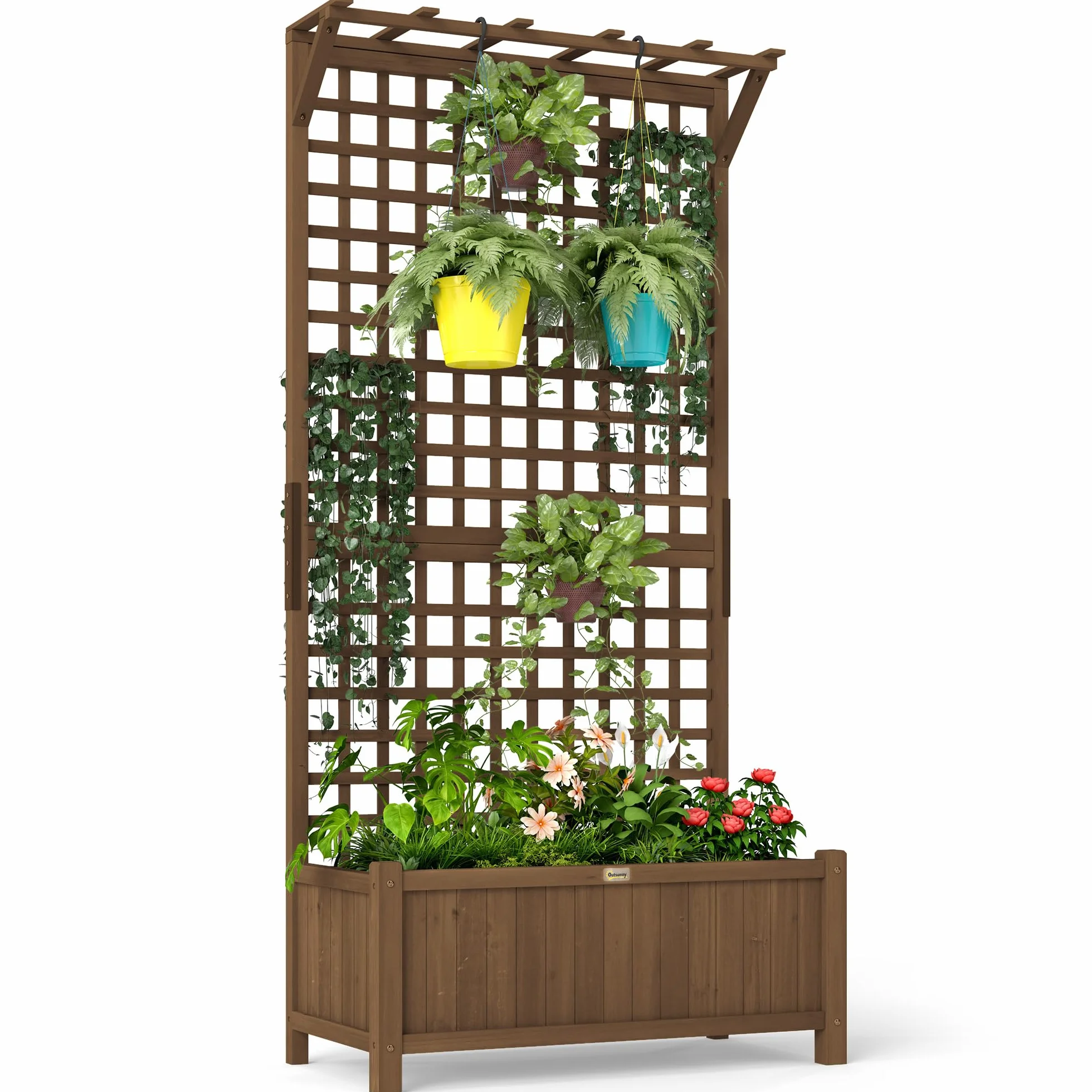 Outsunny Jardinière en Bois Treillis Plantes Grimpantes Plate-Bande Surélevée Trous Drainage