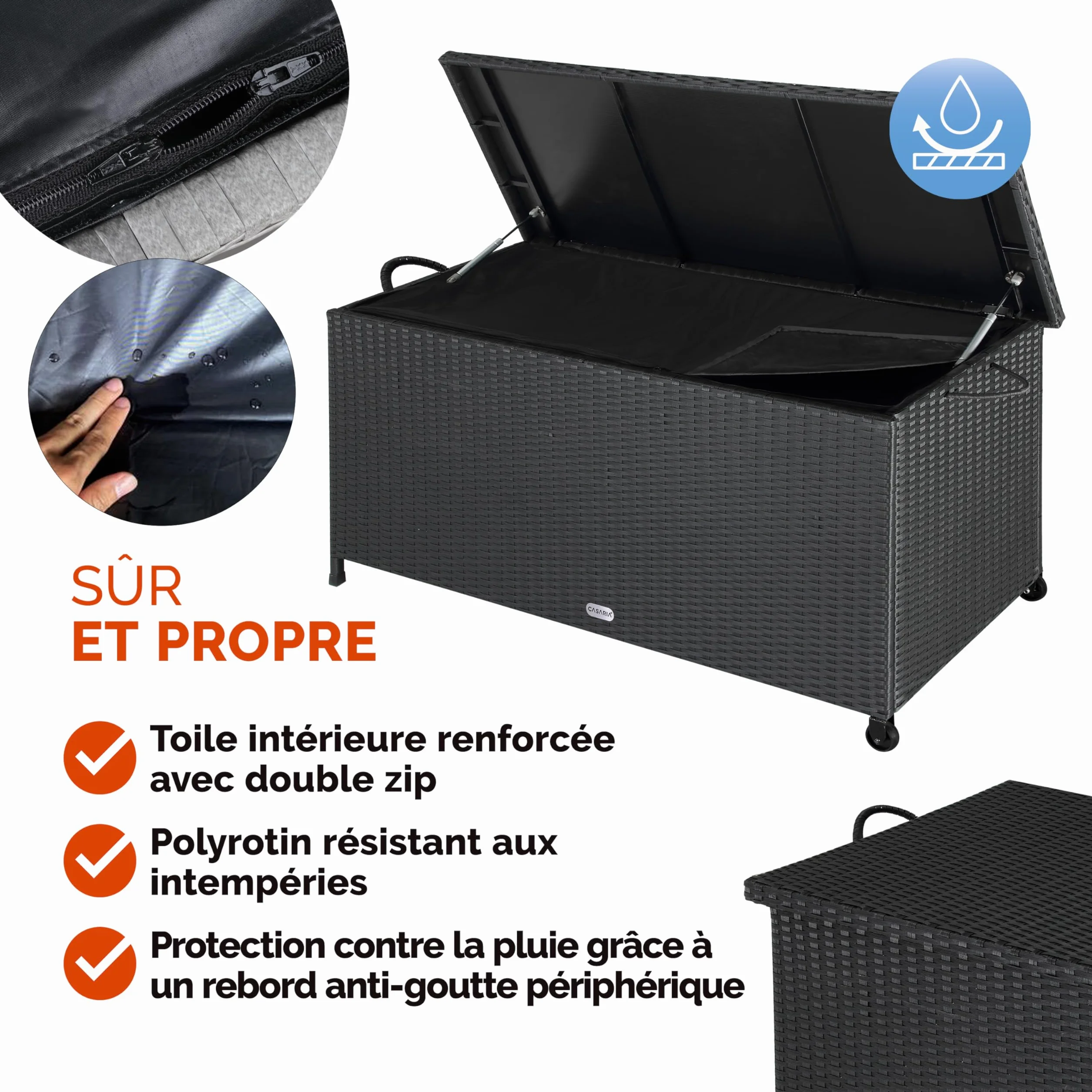 Casaria Coffre de jardin XXL Noir 270 L Polyrotin étanche Vérin à gaz 117x53x60 cm