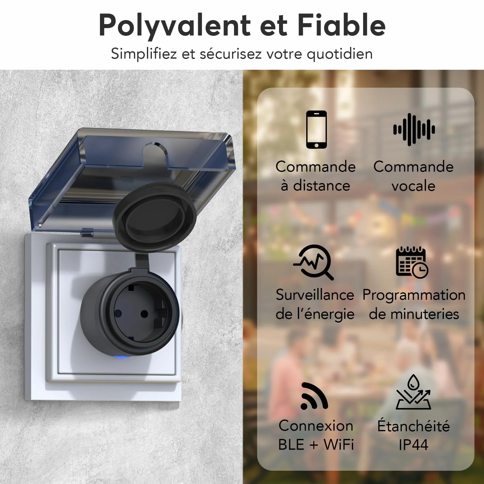 EIGHTREE Prise Wi-Fi d'extérieur - Minuterie d'extérieur - Avec mesure du courant IP44 - Étanche - Avec minuterie, télécommande et commande vocale - Compatible avec Alexa et Google Home