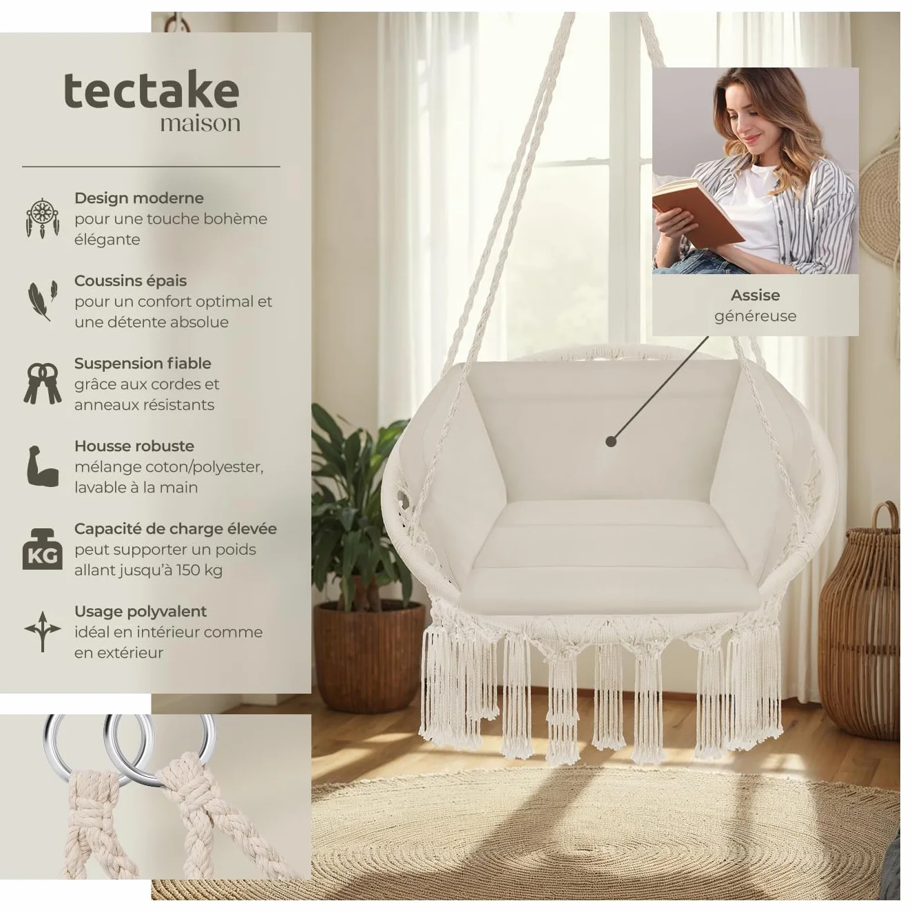 Tectake Fauteuil Suspendu Relax Design Intérieur Extérieur 1 Place Coussin XXL Moelleux Inclus Beige