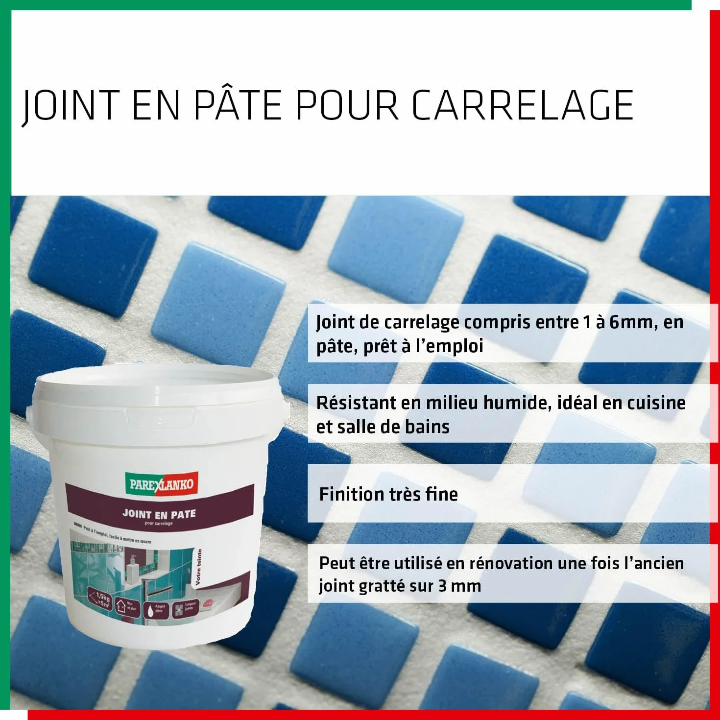 Parexlanko, Joint en Pâte prêt à l'emploi, Joint de carrelage compris entre 1 à 6mm pour mur et plan de travail intérieur, Blanc, 1,5kg