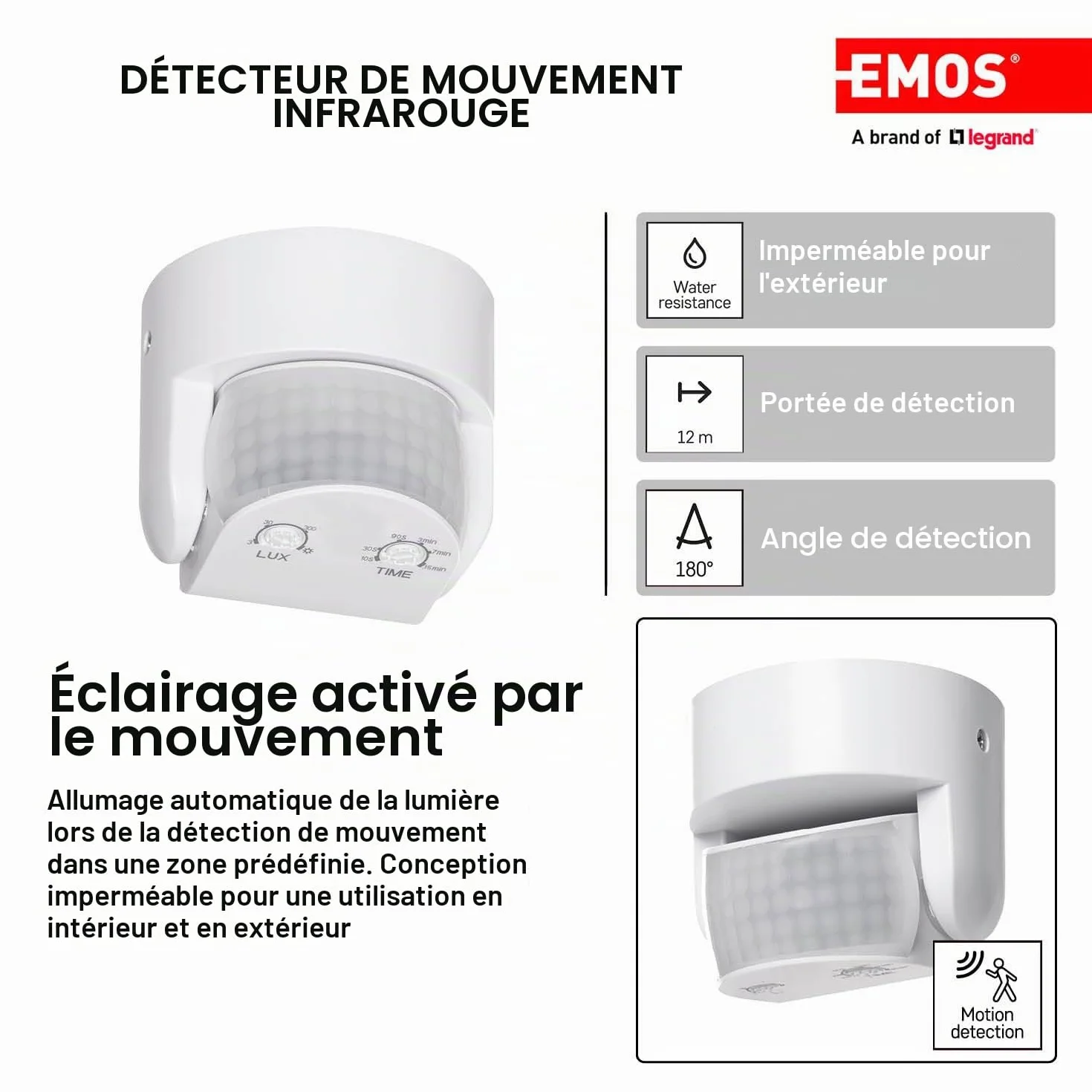 EMOS - Détecteur de mouvement infrarouge étanche - Portée 12 m - Sensibilité 3-2000 Lux - Angle de détection 180° - Durée de commutation 10 Sek à 15 Min - 230 V pour montage en surface