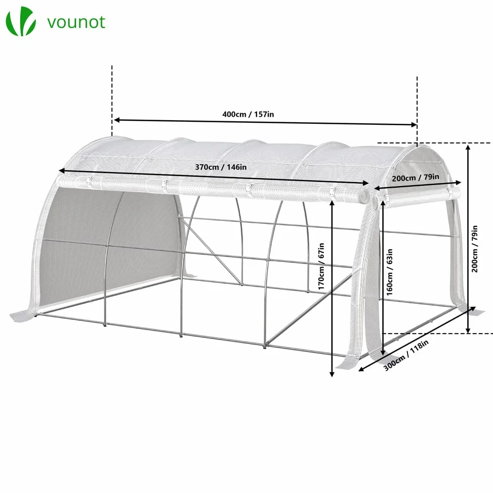 VOUNOT Serre de Jardin Tunnel 300x400x200cm Acier Galvanisé PE Haute densité 140 g/m² 12m2 Anti-UV Zip Enroulables