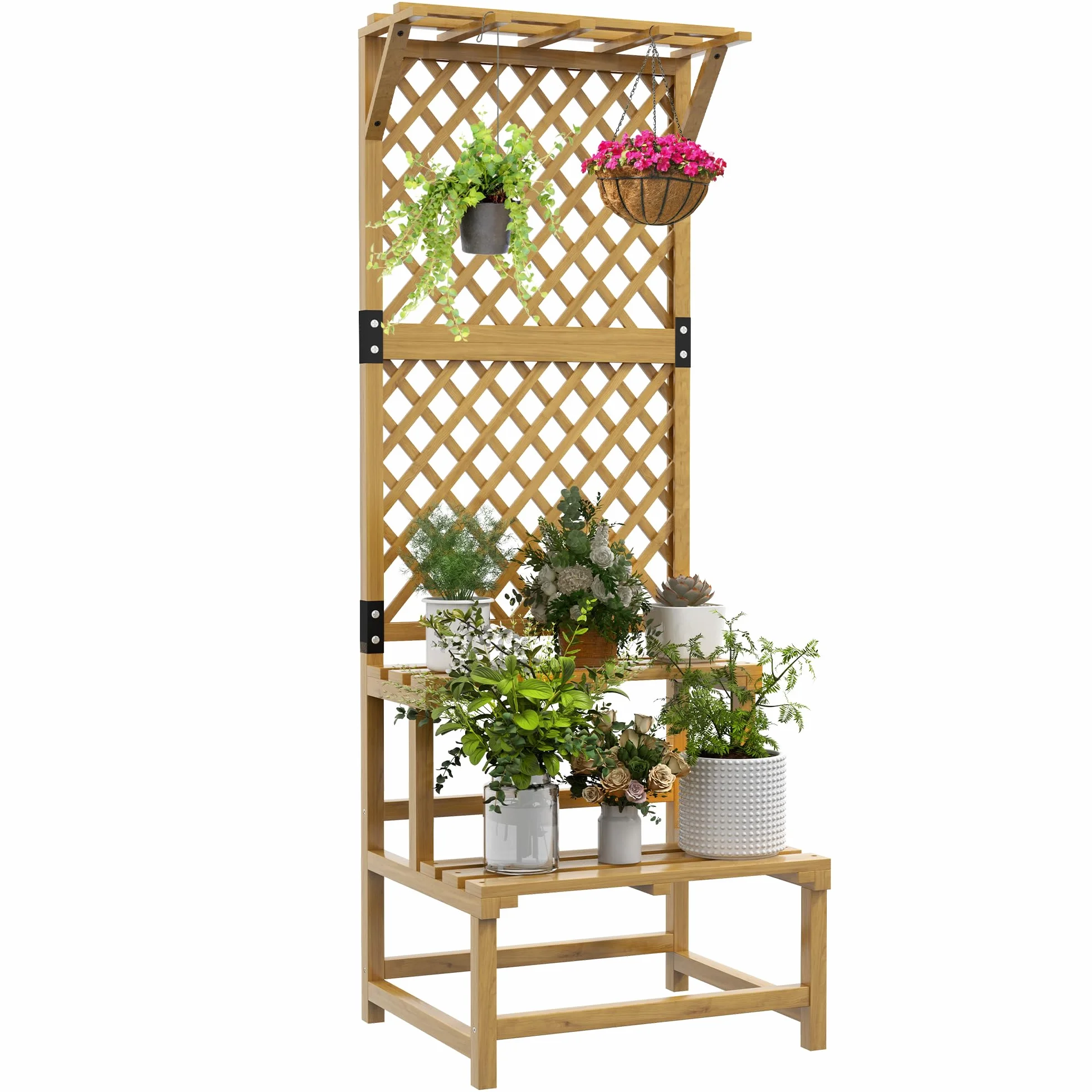 Outsunny Support plantes intérieur porte plante à deux niveaux avec treillis bois massif jaune