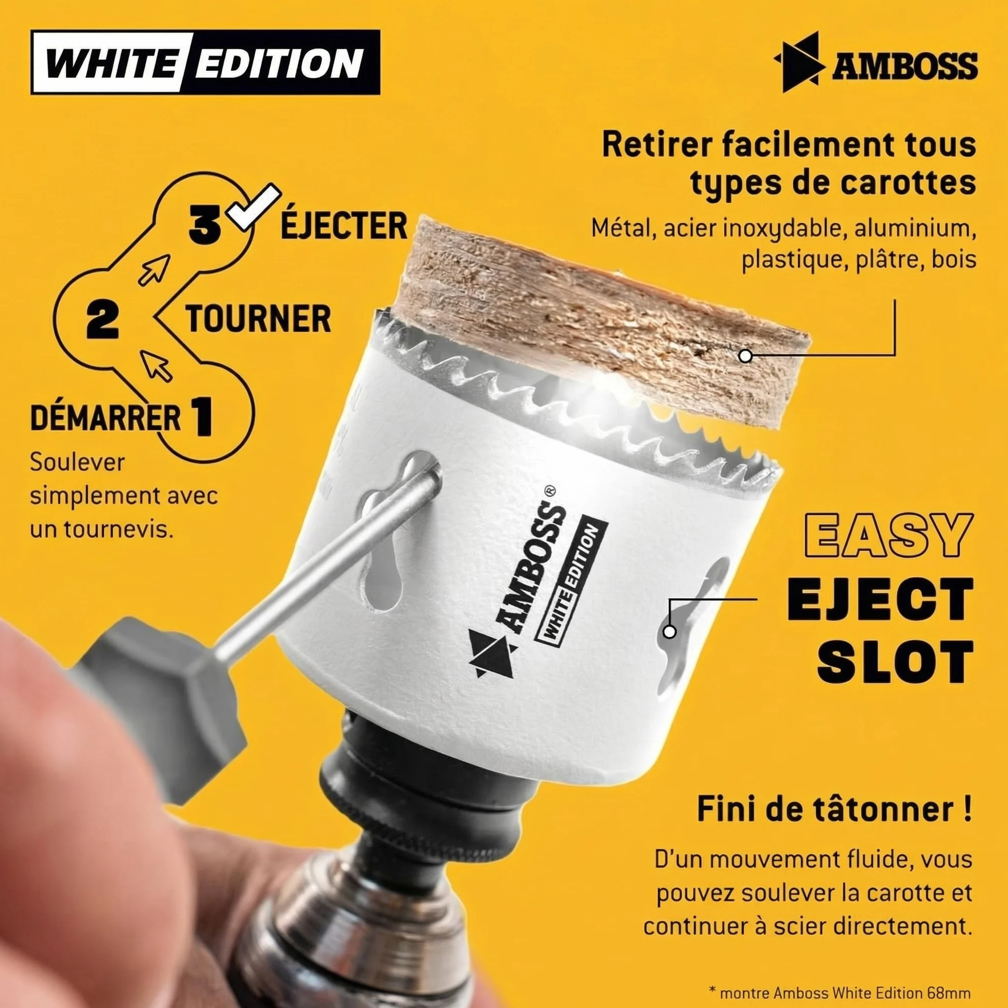 Scie cloche 68 mm – Enclume bi-métal (avec support standard 6 carts) Idéal pour boîte murale creuse, spot LED, prise en placoplâtre/bois