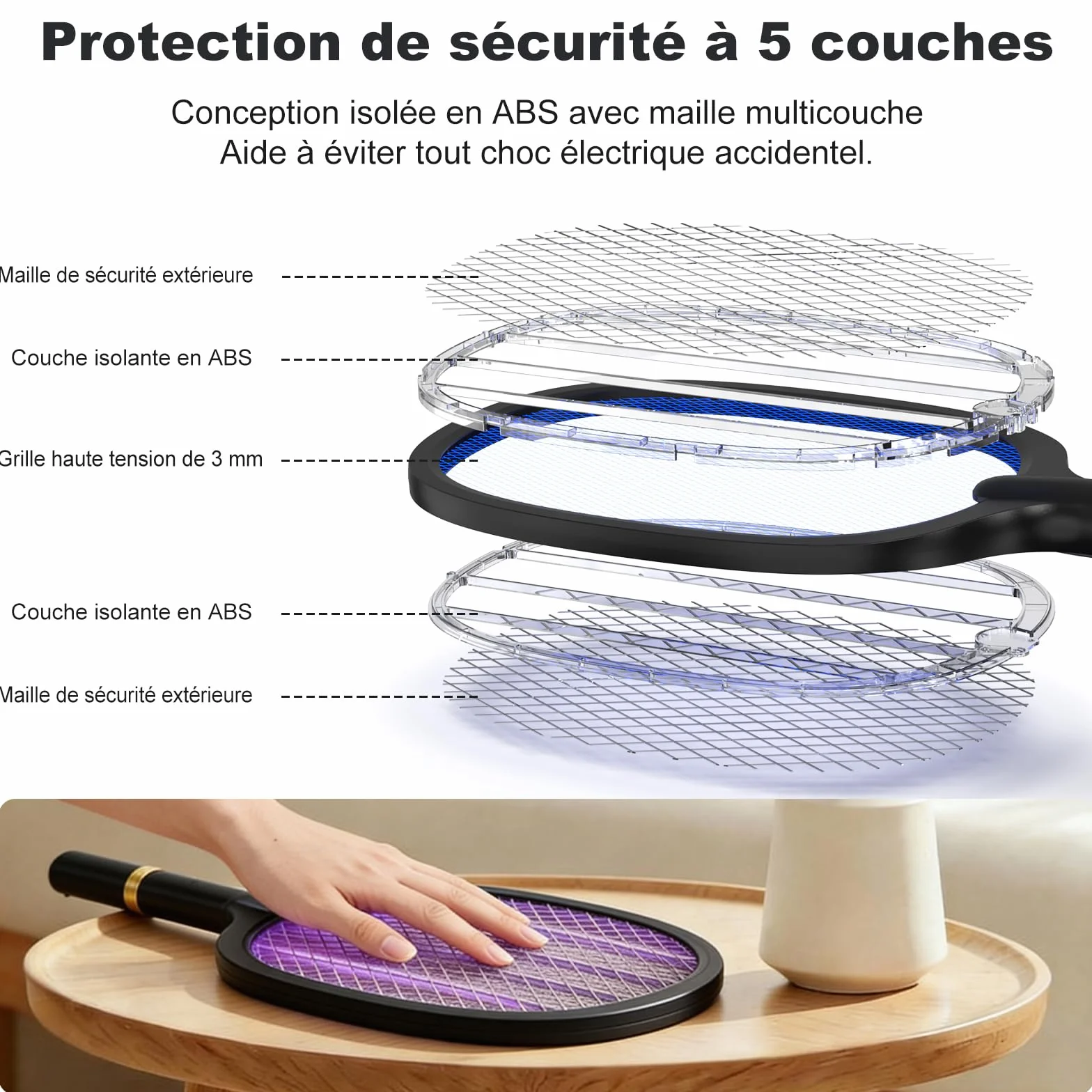 Raquette Anti Moustique Électrique 5000V Rechargeable USB-C avec Base Batterie 2000mAh Noir