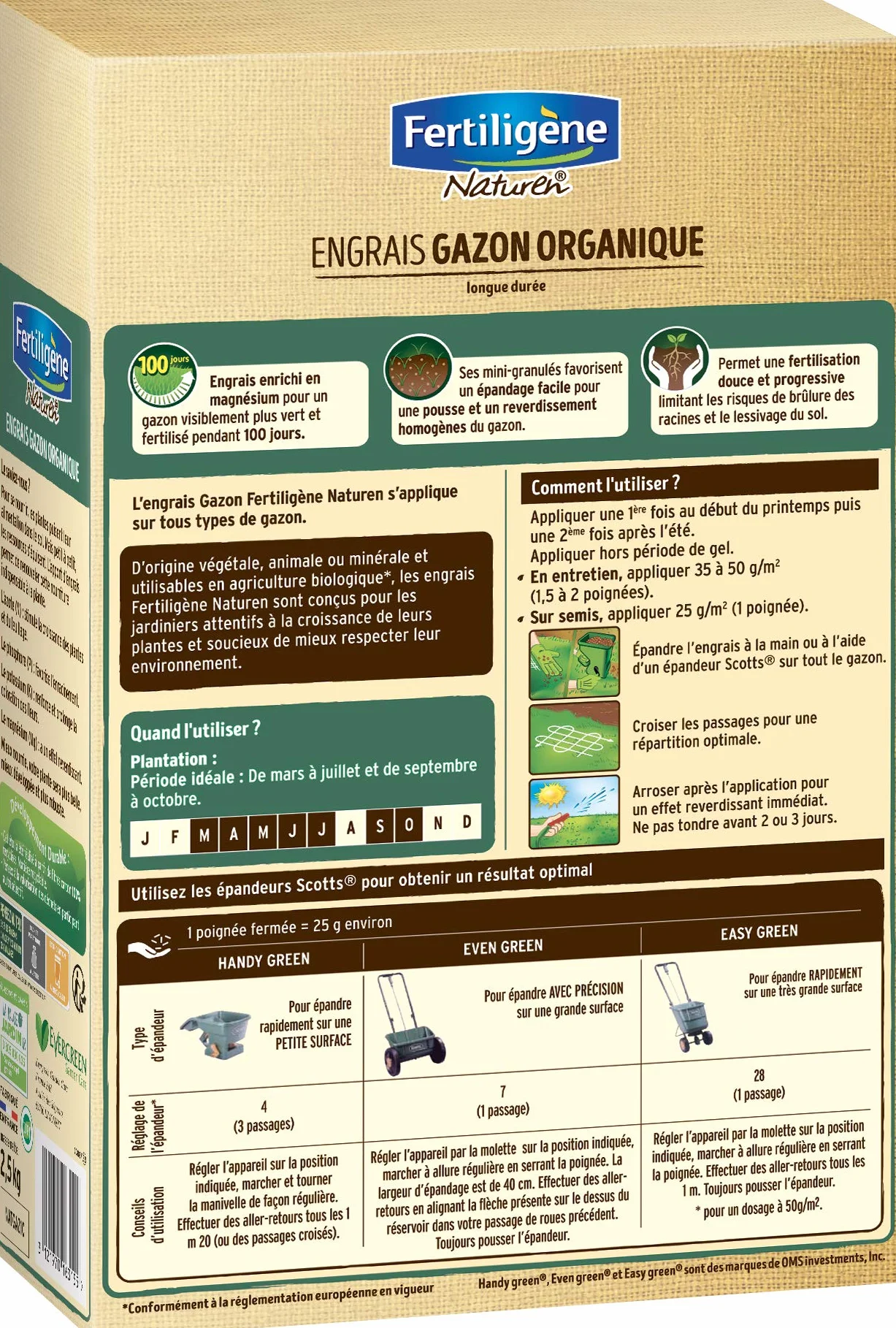 FERTILIGÈNE Naturen Engrais Gazon 100% Organique 2.5kg – Enrichi en Magnésium – Action 100 Jours