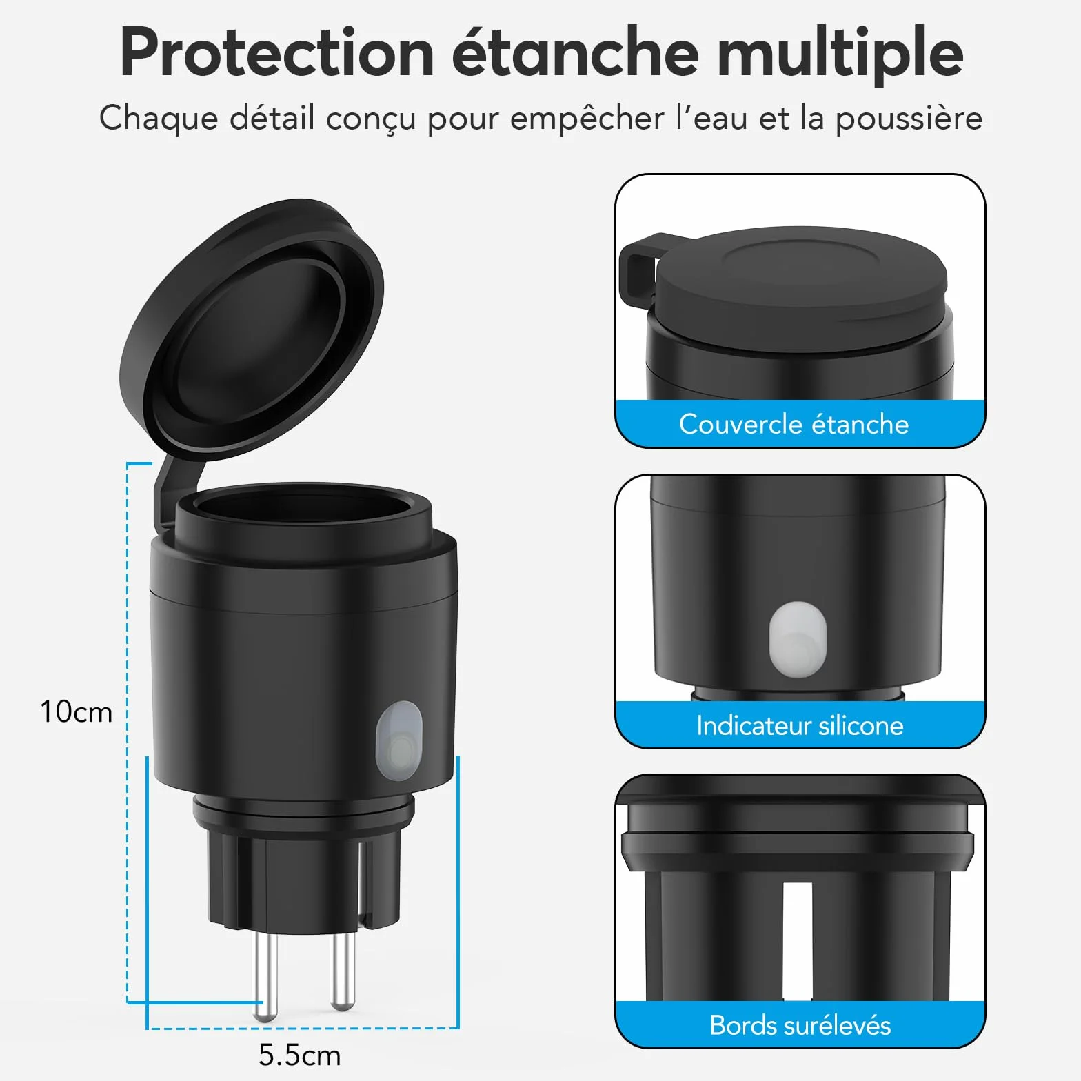 EIGHTREE Prise Wi-Fi d'extérieur - Minuterie d'extérieur - Avec mesure du courant IP44 - Étanche - Avec minuterie, télécommande et commande vocale - Compatible avec Alexa et Google Home