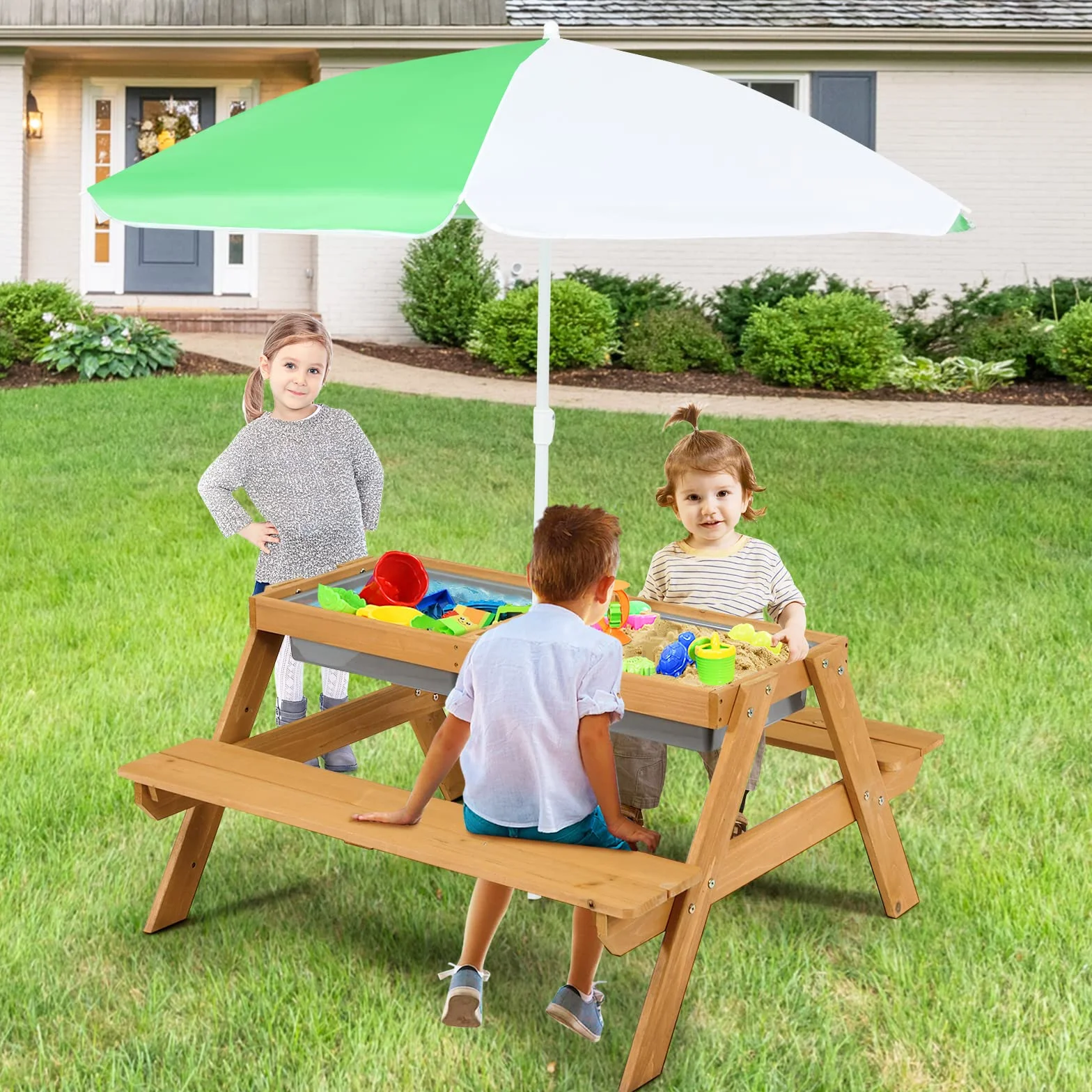 COSTWAY 3 en 1 Table de Pique-Nique Enfants avec Parasol Amovible, Table de Jardin, 2 Boîtes Sable & Eau, Charge 50kg