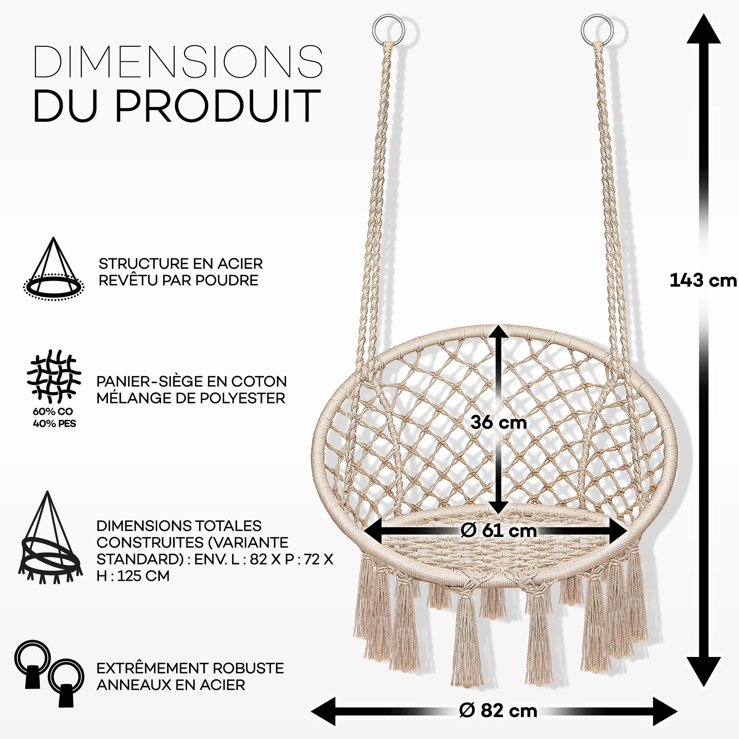 Tillvex Hamac Chaise Suspendu 200kg avec Coussins Confortables et Kit de Suspension