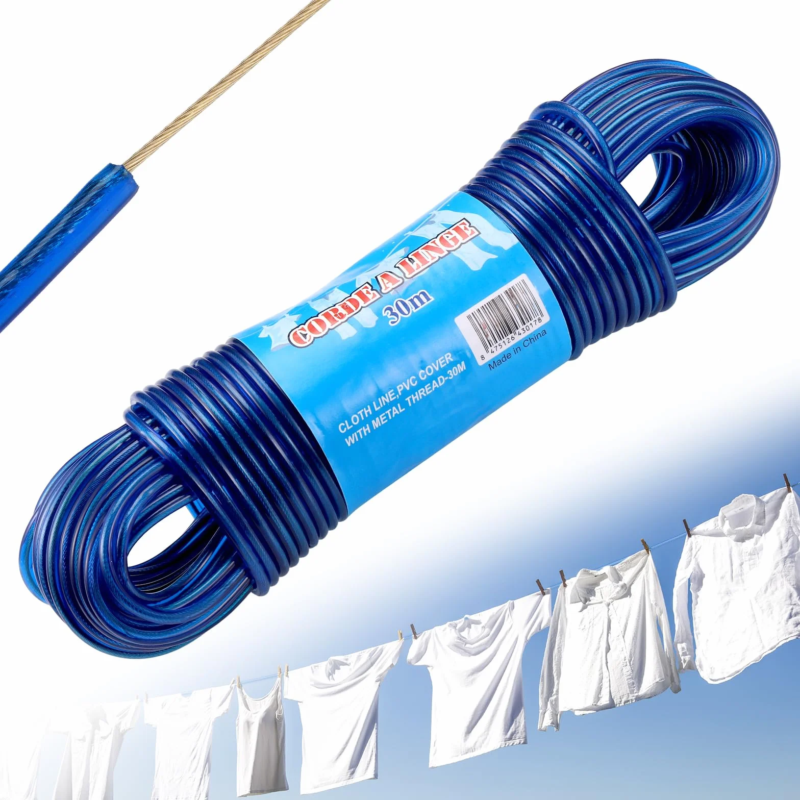 30m Corde a Linge, Fil à Linge Acier Plastifié avec Noyau d'acier, Corde a Linge Exterieur, Corde Solide 4mm Dia Corde à Linge, Fil a Linge Exterieure Résistantes, Capacité portante 120kg