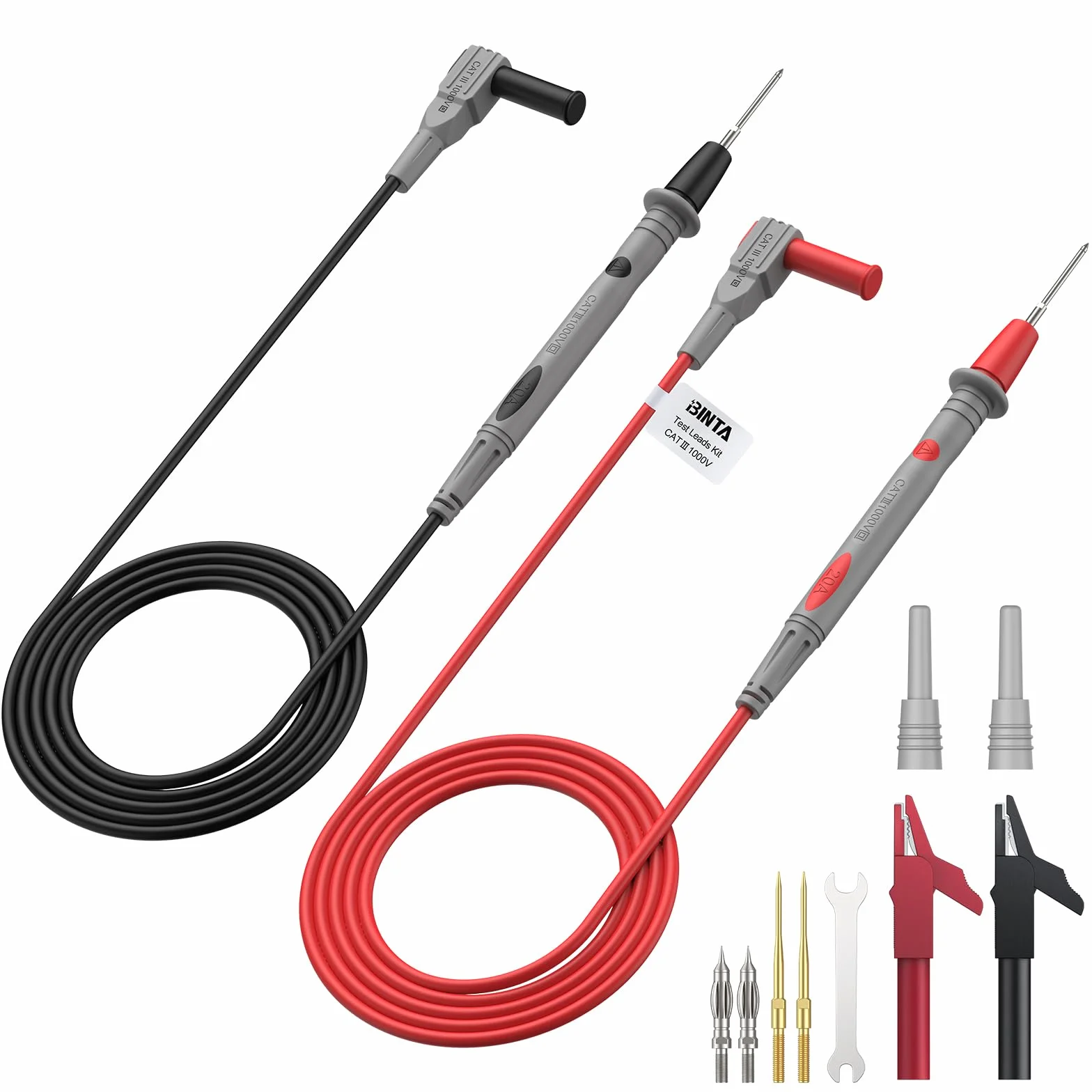 BINTA Cordons de Test Multimètre CAT III 1000V 20A, 1m Câbles avec Fiches Banane 4mm Isolées, Pointes Interchangeables 1/2/4mm (Plaquées Or), Pinces Crocodile, Capuchons