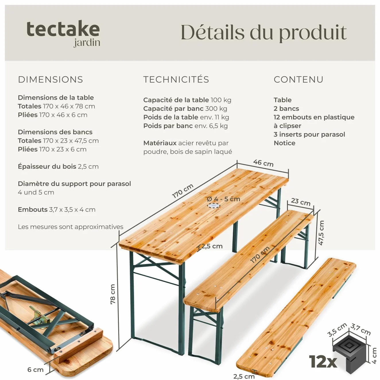 Tectake Table et Banc en Bois de Brasserie 3 pièces Pliable avec Support Parasol